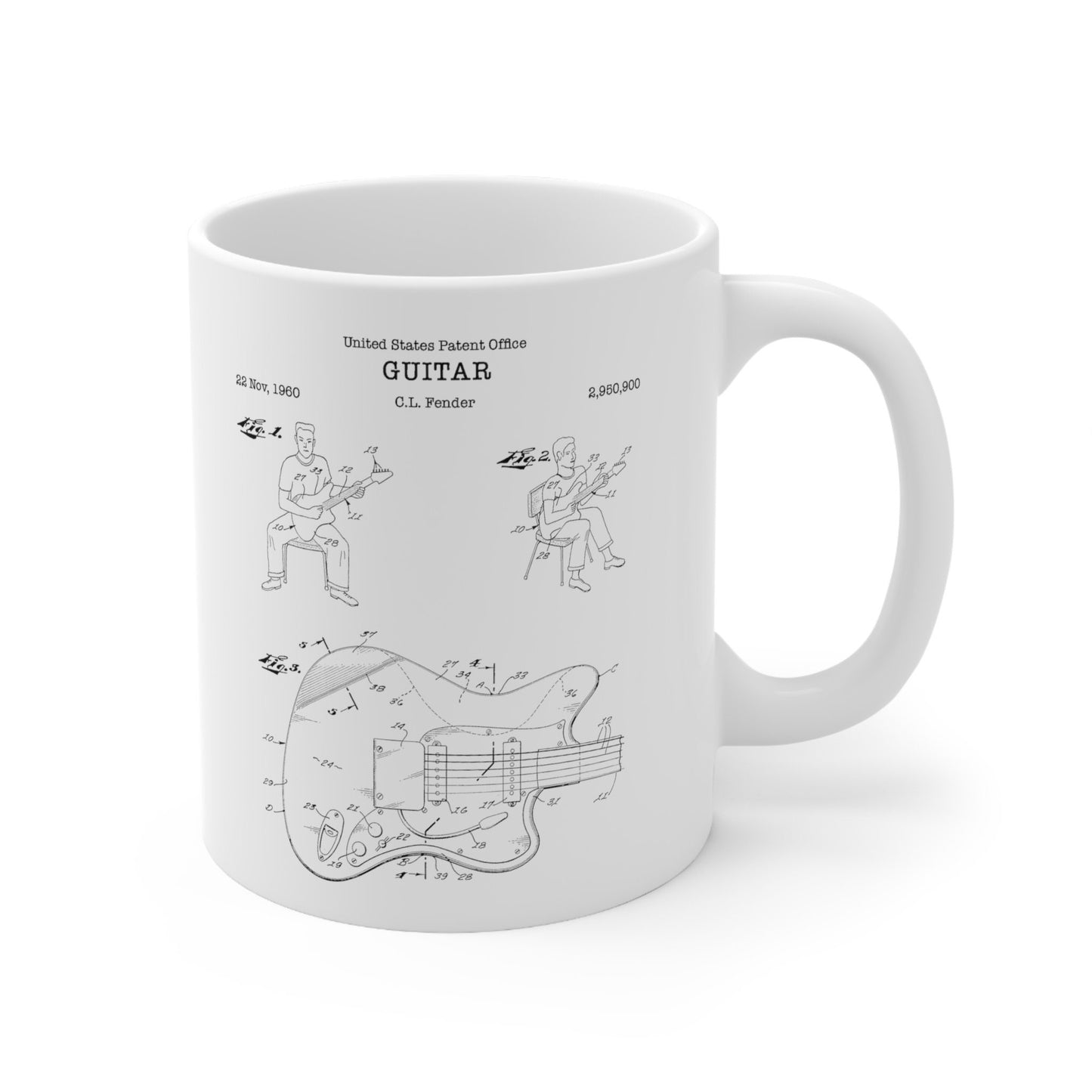 Fender guitar patent from 1960 from the US Patent Office. An 11oz mug perfect as gift for any guitarist or music lover