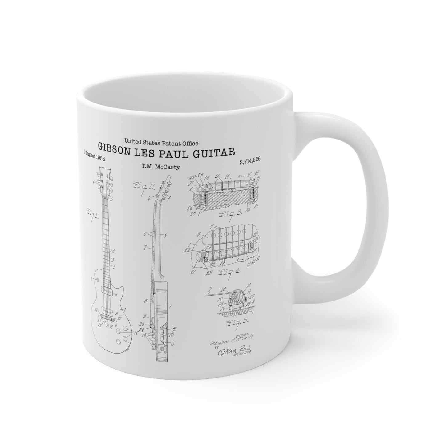 Gibson Les Paul guitar patent from 1953 from the US Patent Office. An 11oz mug perfect as gift for a music lover or guitarist