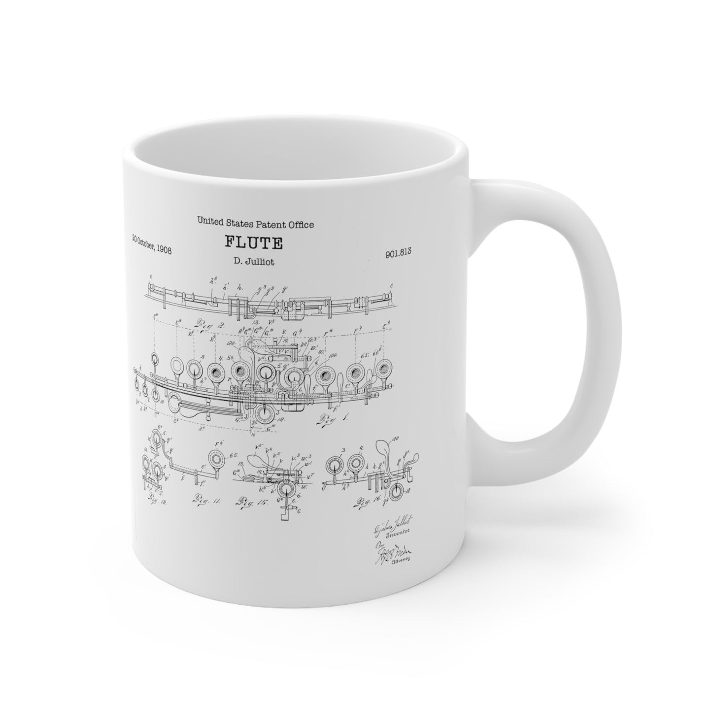 Flute patent from 1908 from the US Patent Office. An 11oz mug perfect as gift for a music lover or flute player