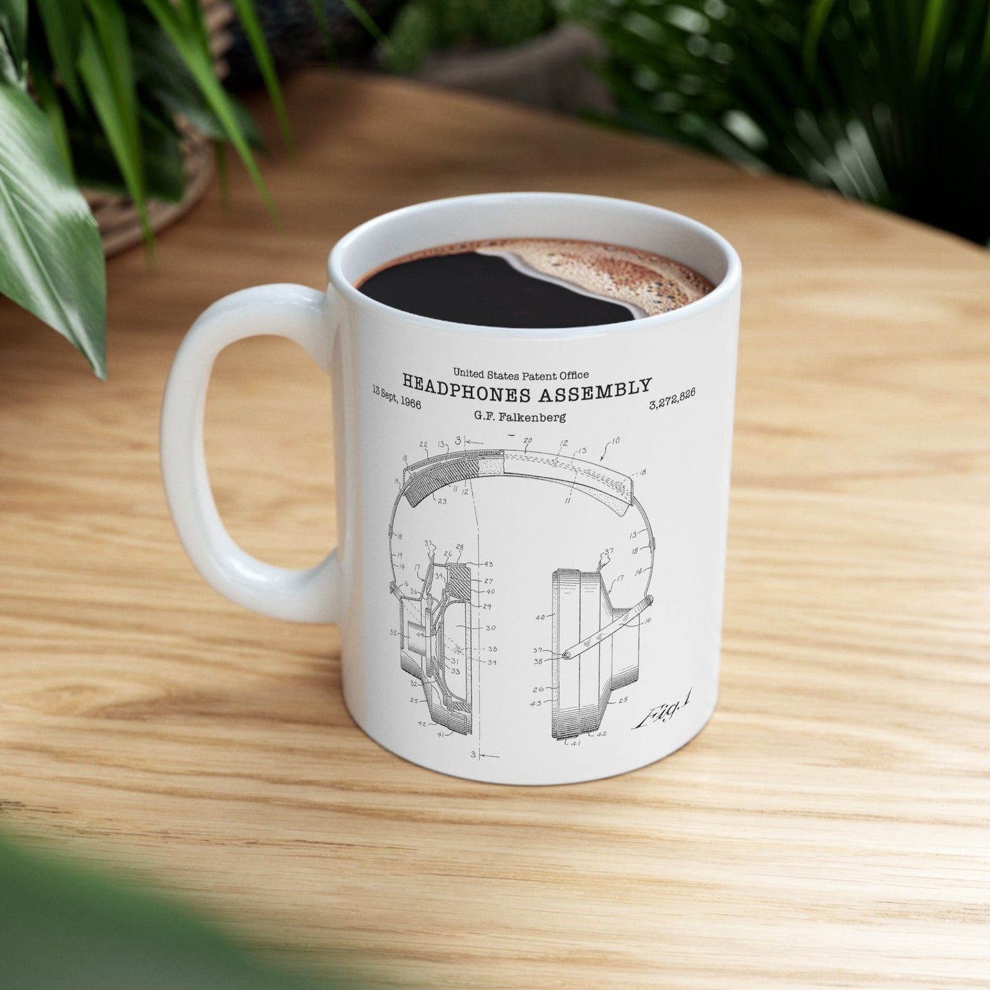 Headphones patent from 1966 from the US Patent Office. An 11oz mug perfect as gift for a music lover