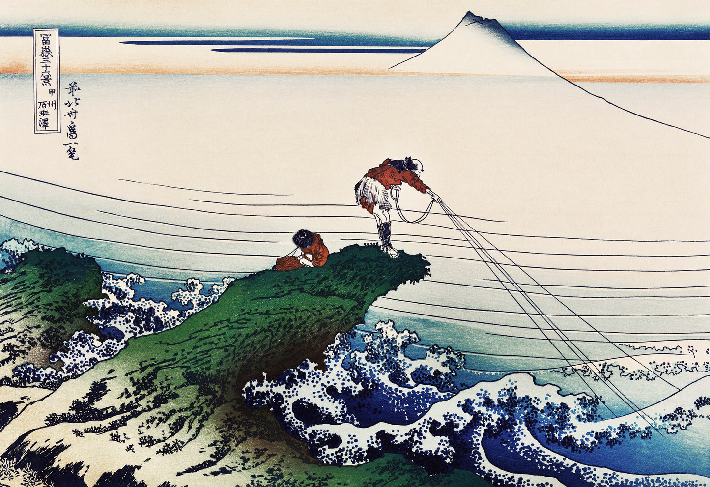 a painting of a man and a dog on a wave