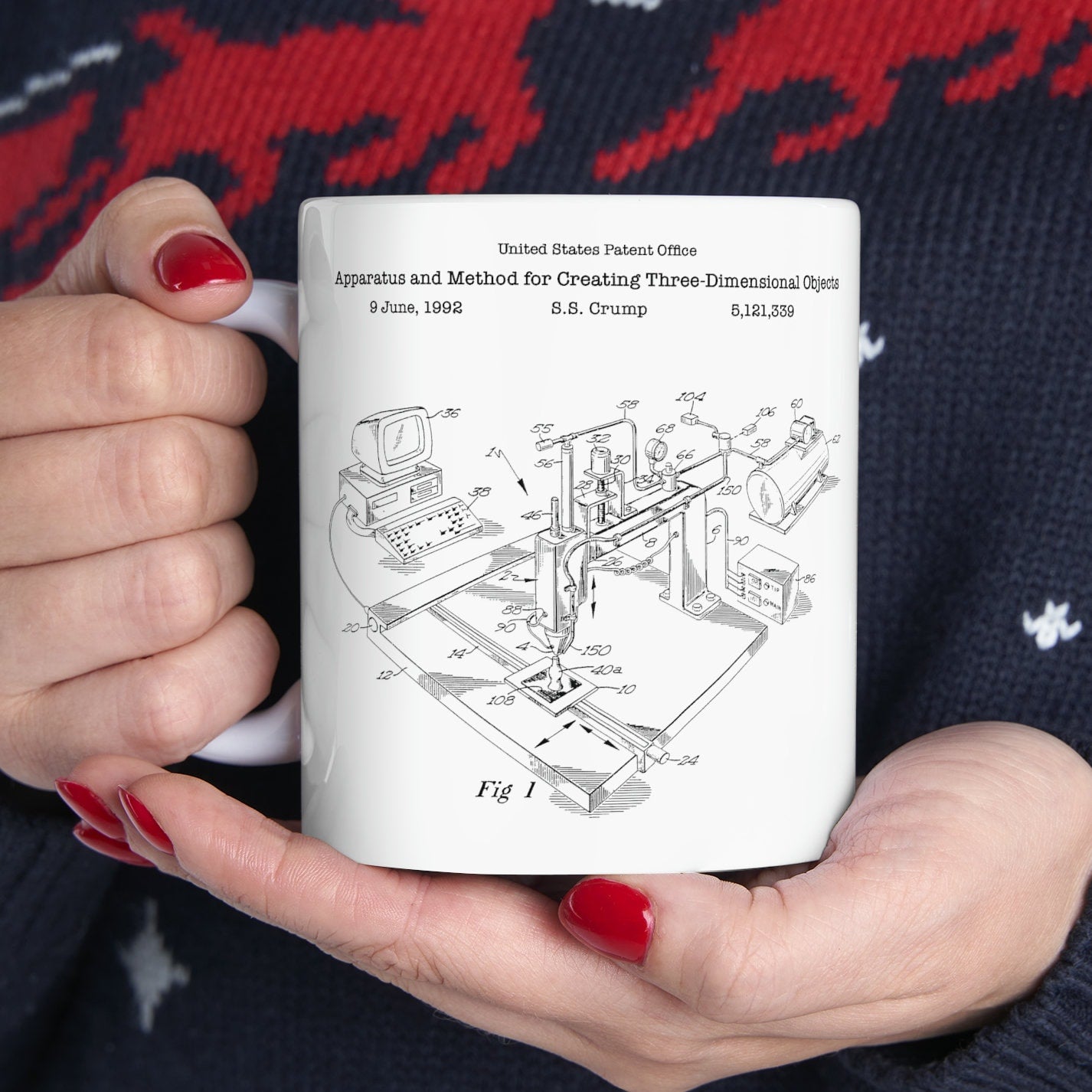 3D printer printing machine patent design from the US Patent Office. Perfect 11oz mug gift for any engineer, handyman, computer IT nerd