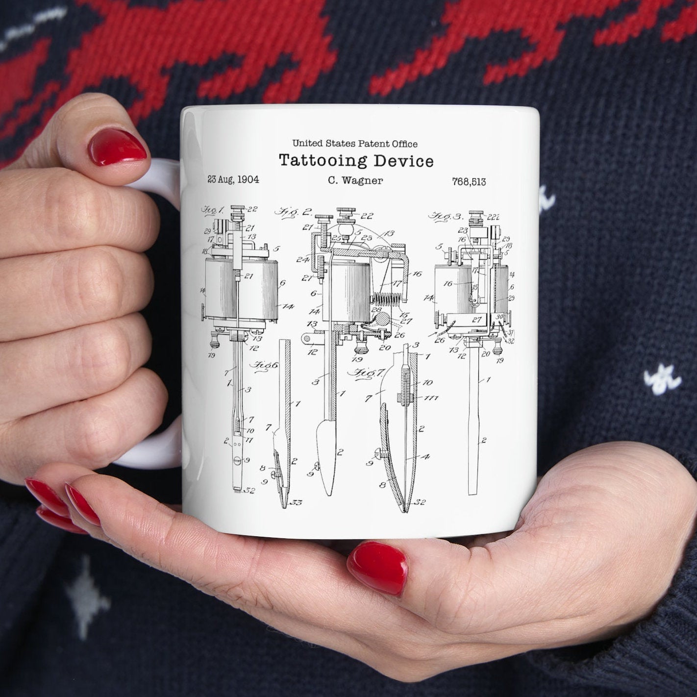 Antique tattooing machine patent design from the US Patent Office. Perfect 11oz mug gift for any tattooist, tattoo lover, tattoo parlour,