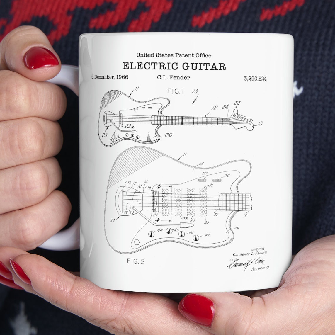 Fender guitar patent from 1953 from the US Patent Office. An 11oz mug perfect as gift for a music lover or guitarist
