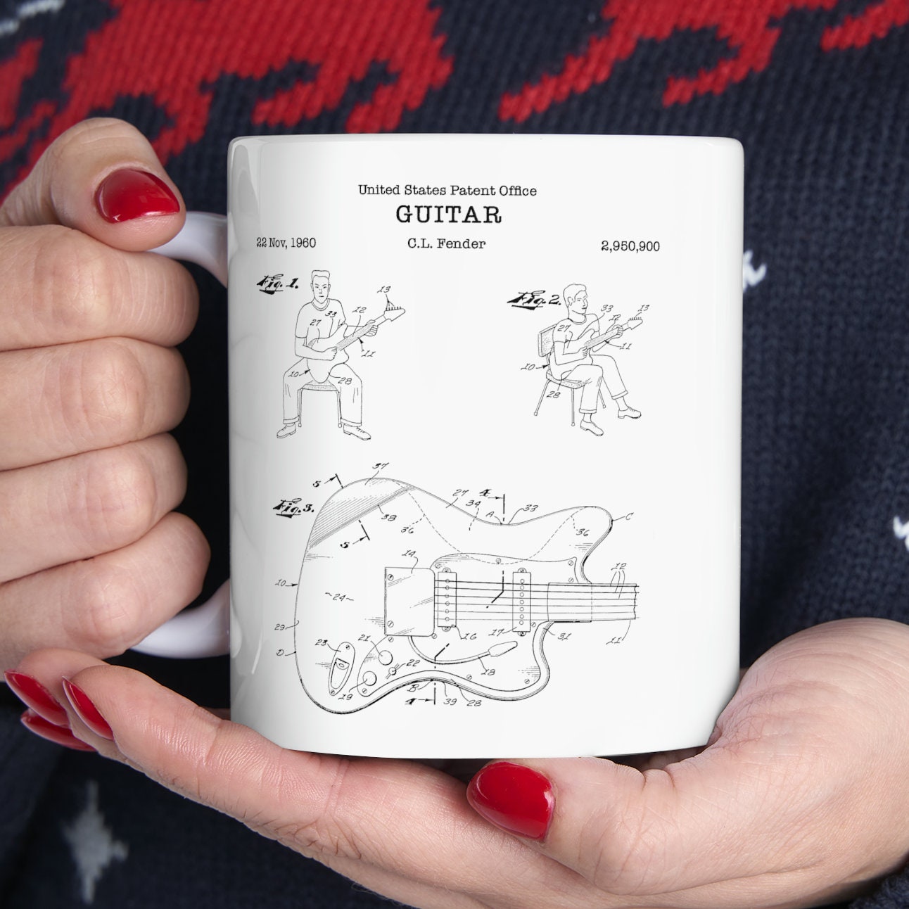 Fender guitar patent from 1960 from the US Patent Office. An 11oz mug perfect as gift for any guitarist or music lover