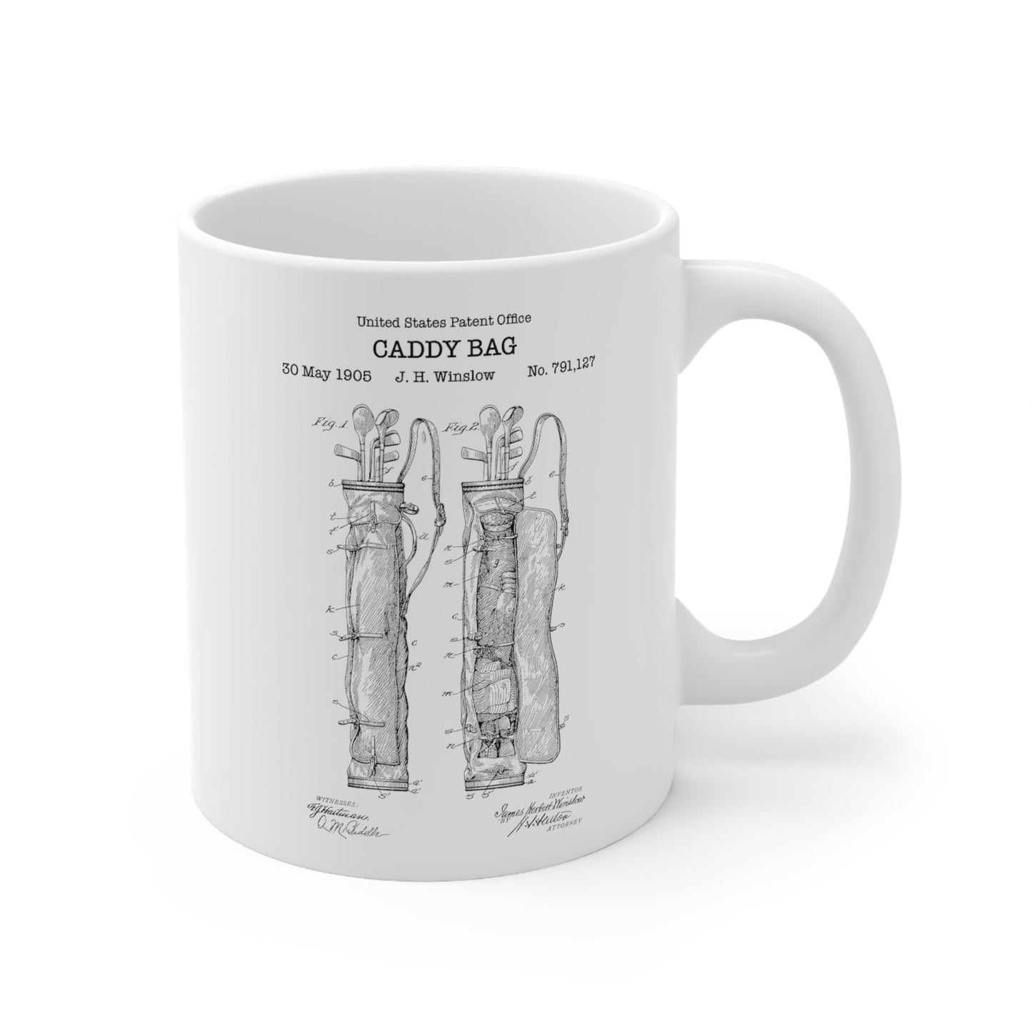 Golf caddy bag Patent Mug from 1905 from the US Patent Office. An 11oz mug perfect as gift for any golfer or golf enthusiast.