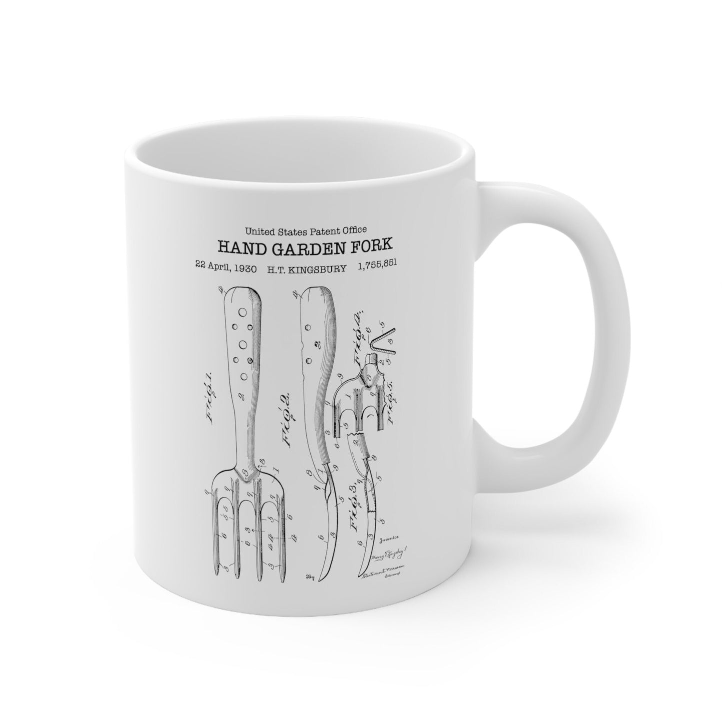 Hand garden fork patent from 1930 from the US Patent Office. An 11oz mug perfect as gift for any gardener or garden enthusiast.