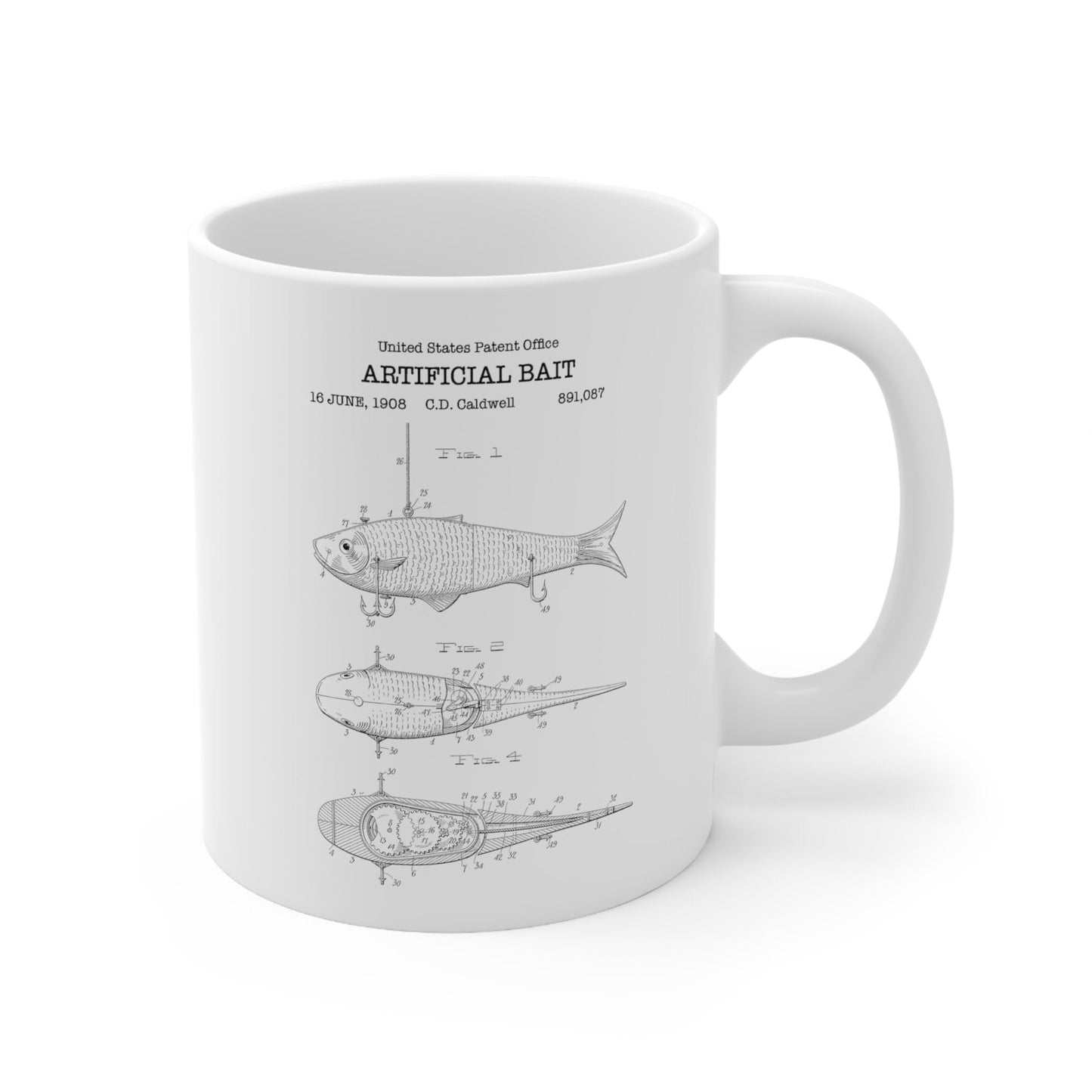 Artificial bait patent from 1908 from the US Patent Office. An 11oz mug perfect as gift for any fishing or angling enthusiast.