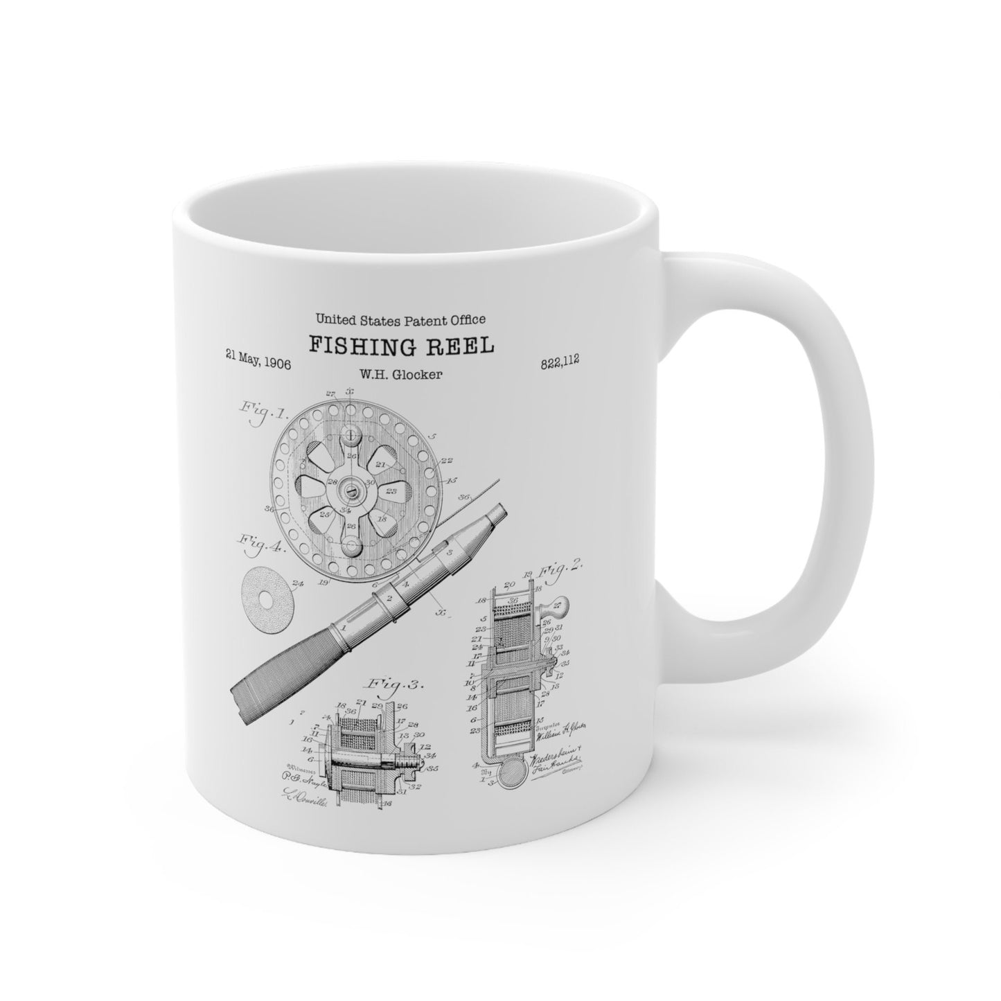 Fishing reel patent from 1906 from the US Patent Office. An 11oz mug perfect as gift for any fishing or angling enthusiast.