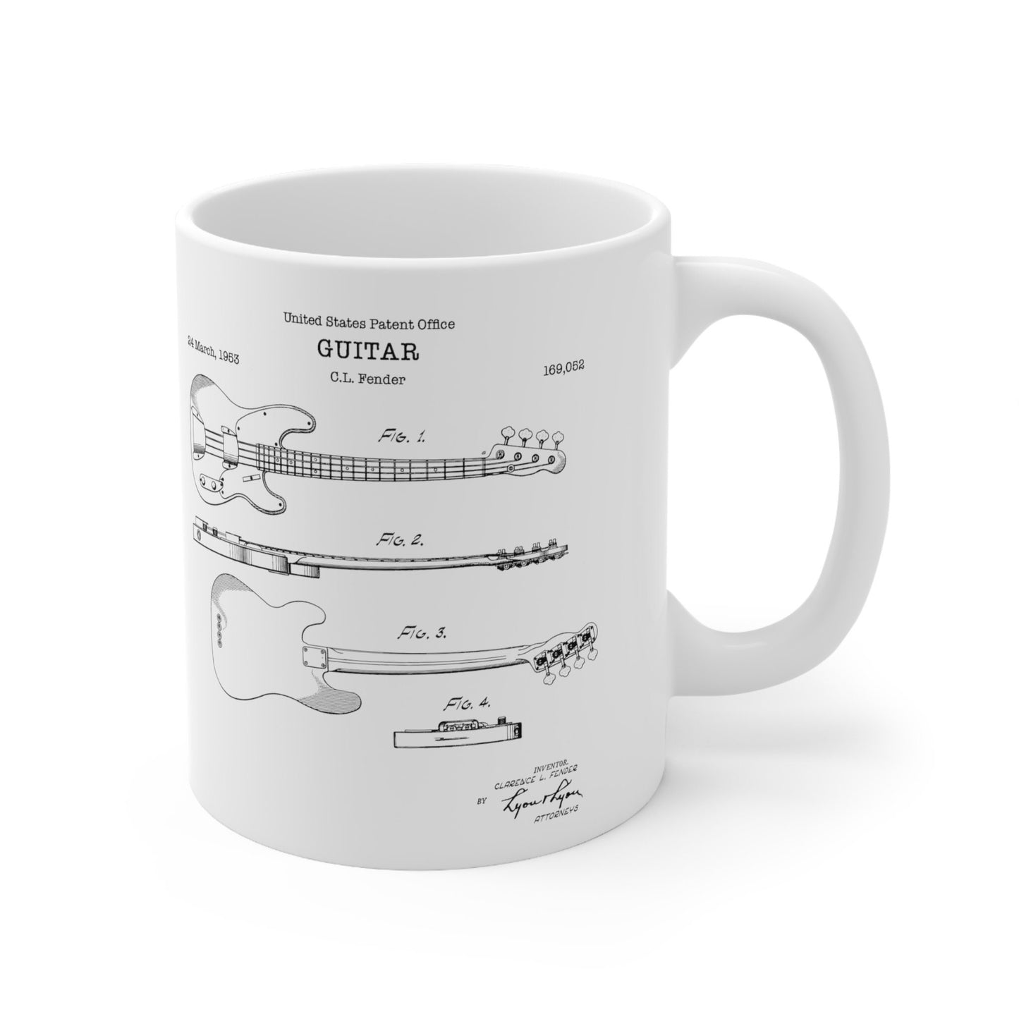 Fender bass guitar patent from 1953 from the US Patent Office. An 11oz mug perfect as gift for any guitarist or music lover