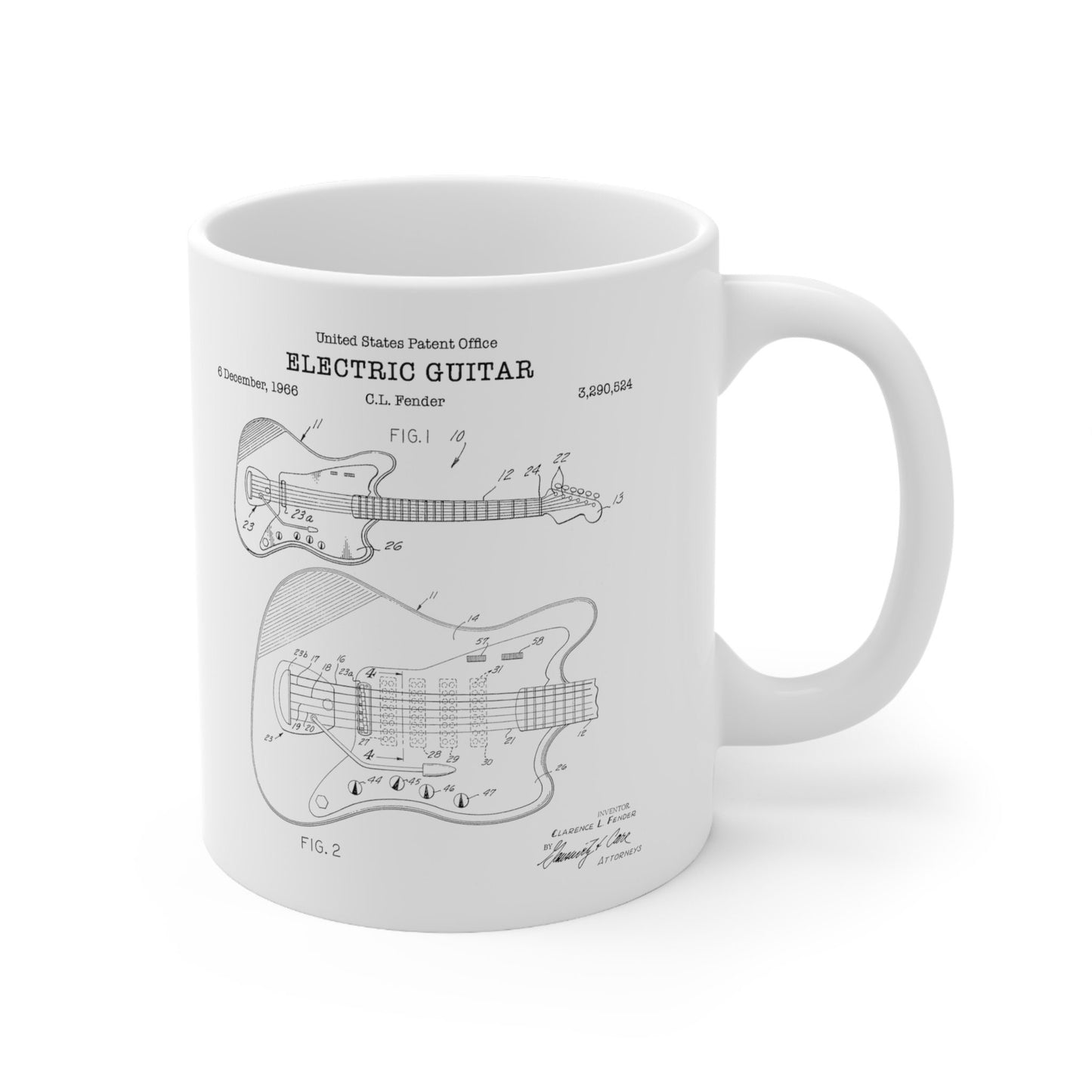 Fender guitar patent from 1953 from the US Patent Office. An 11oz mug perfect as gift for a music lover or guitarist
