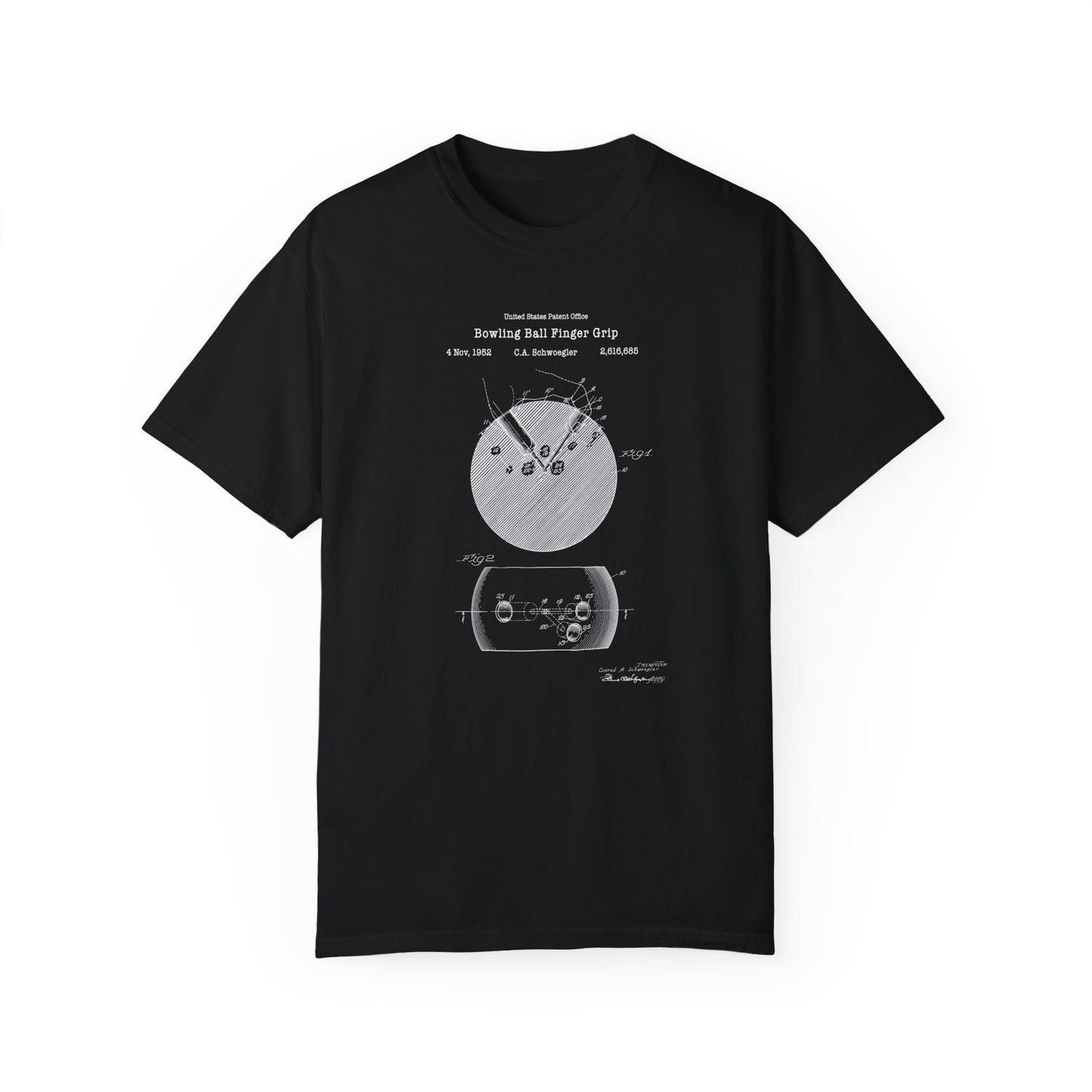 Bowling ball finger grip design from US Patent Office. A quality T shirt perfect for ten pin bowling fans, bowlers, sports lovers