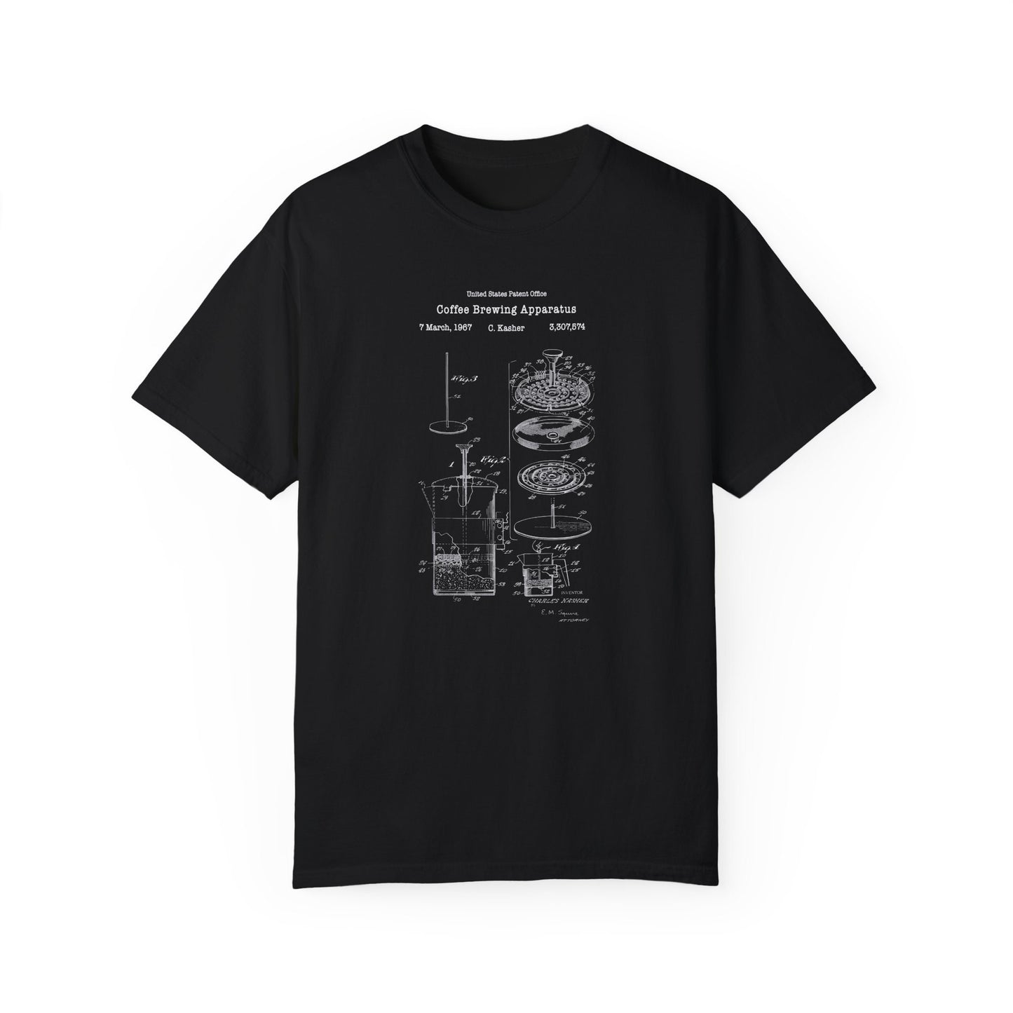 Vintage coffee brewing press design from US Patent Office. A quality T shirt perfect for coffee and caffeine lovers