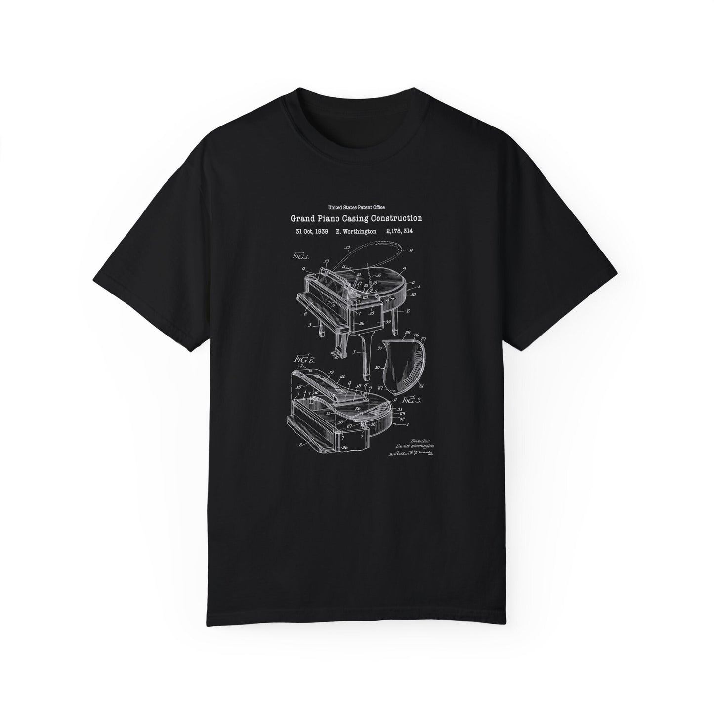 Grand piano musical instrument design from US Patent Office. A quality T shirt perfect for music lovers, musicians, pianists, piano players