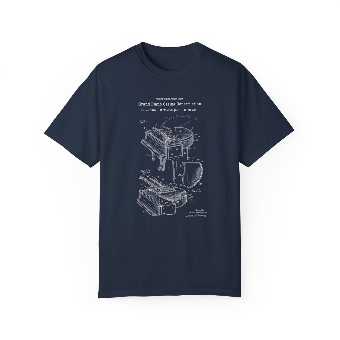 Grand piano musical instrument design from US Patent Office. A quality T shirt perfect for music lovers, musicians, pianists, piano players