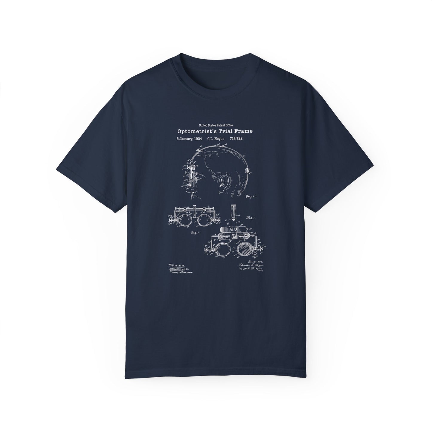 Antique optometrist trial frame design from US Patent Office. A quality T shirt perfect for opticians, optometry, ophthalmology, eyesight