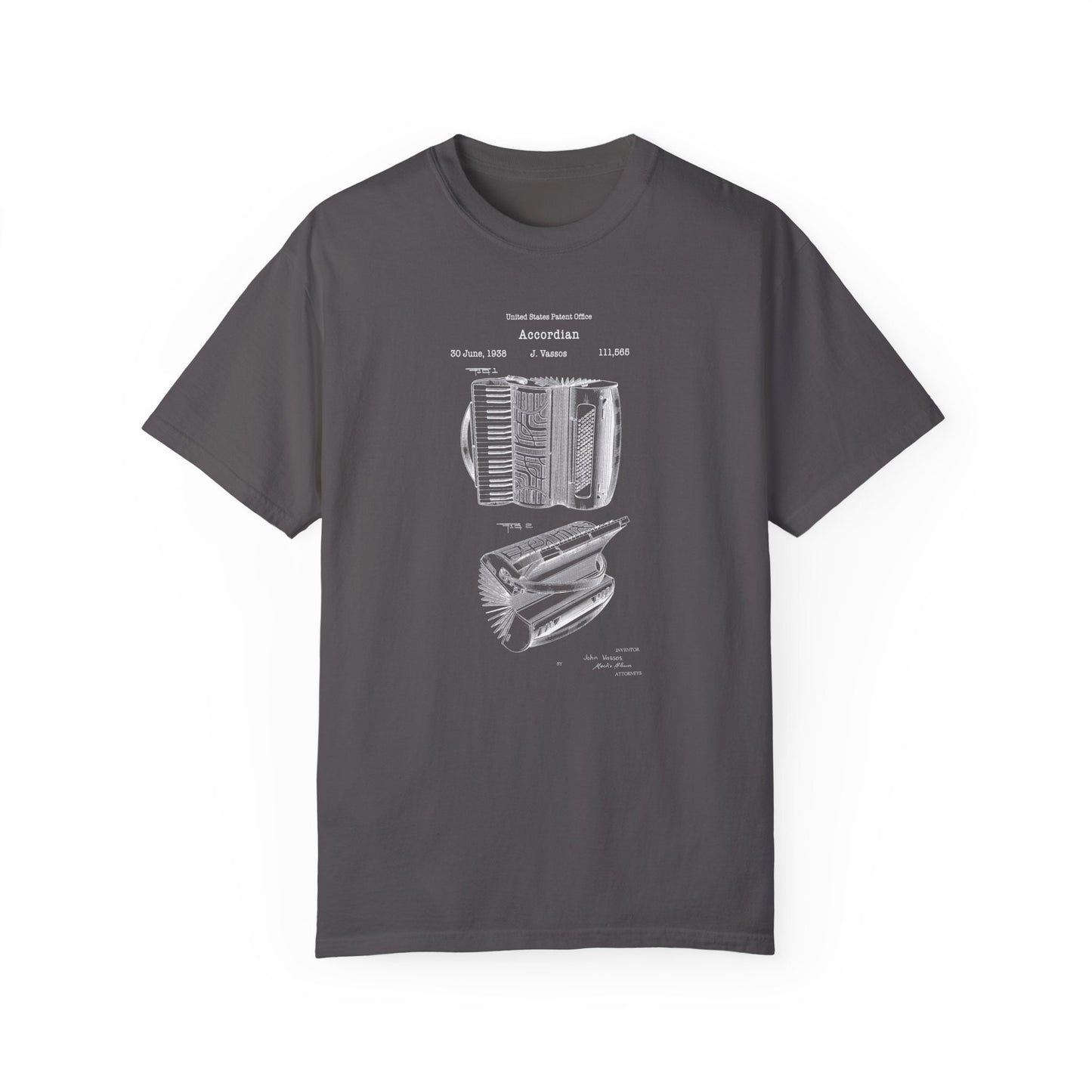 Accordian musical instrument design from US Patent Office. A quality T shirt perfect for musicians, music lovers and accordian players