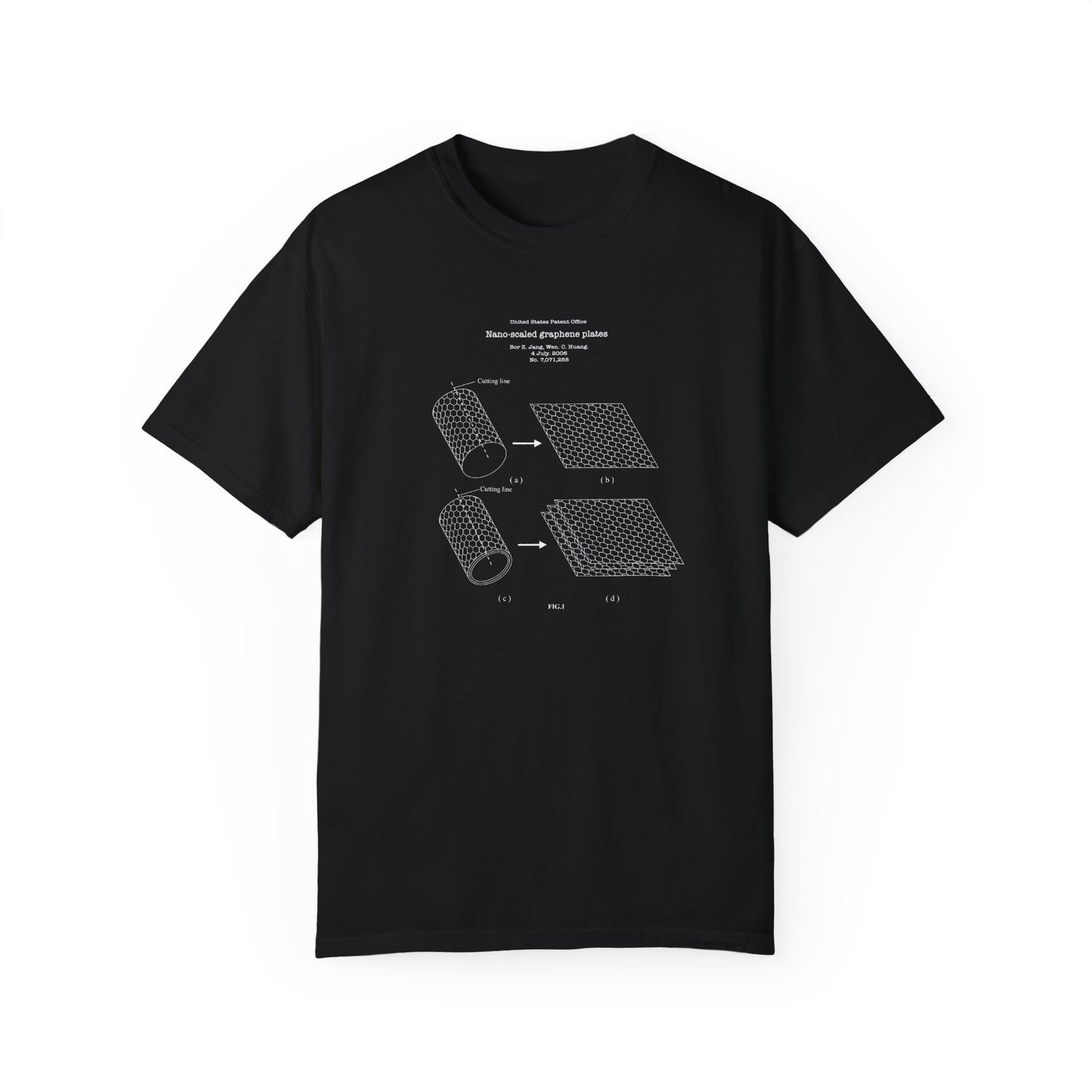 Graphene plate patent design from US Patent Office on T-shirt. Perfect gift for any materials scientist, engineer,