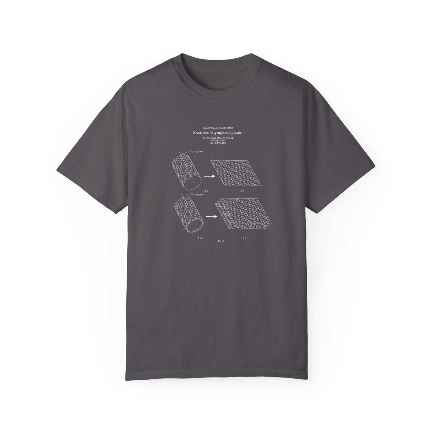 Graphene plate patent design from US Patent Office on T-shirt. Perfect gift for any materials scientist, engineer,