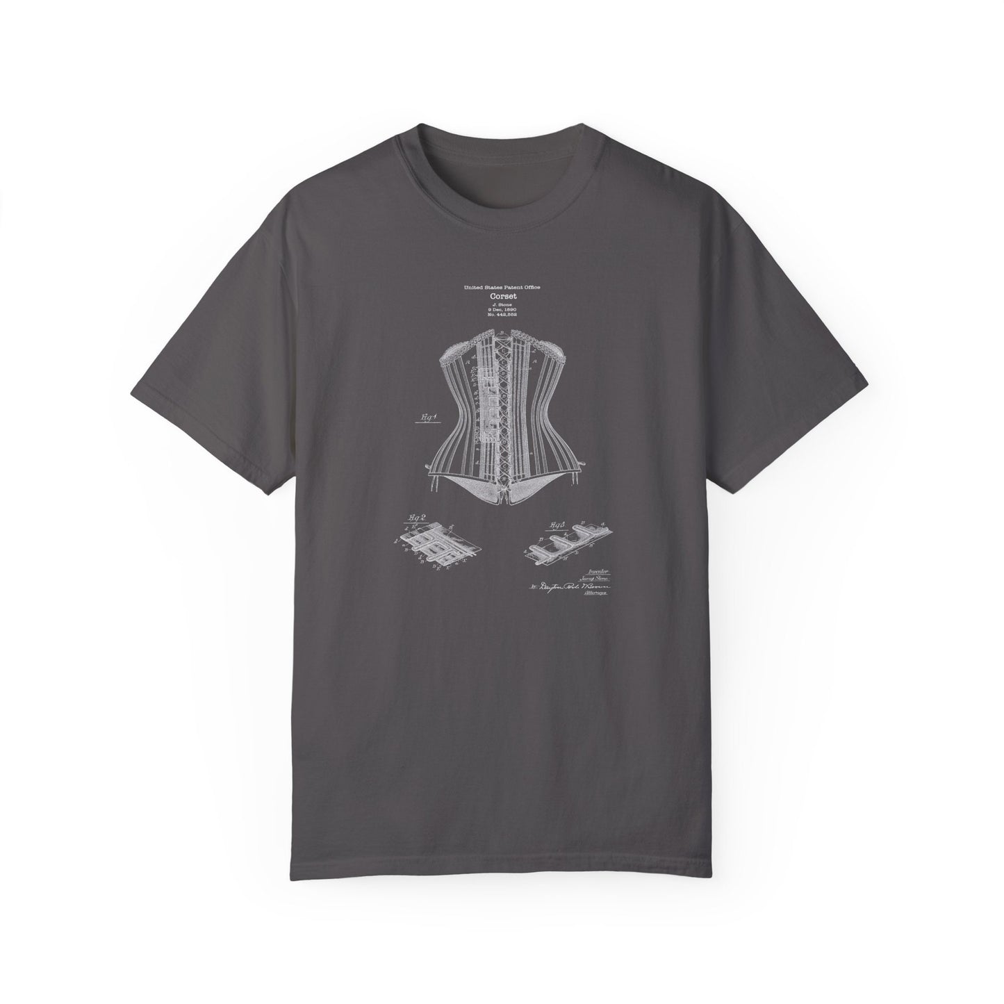 Corset patent design from 1890 from US Patent Office on T-shirt. Perfect gift for any fashion history, women, female clothing tailor,