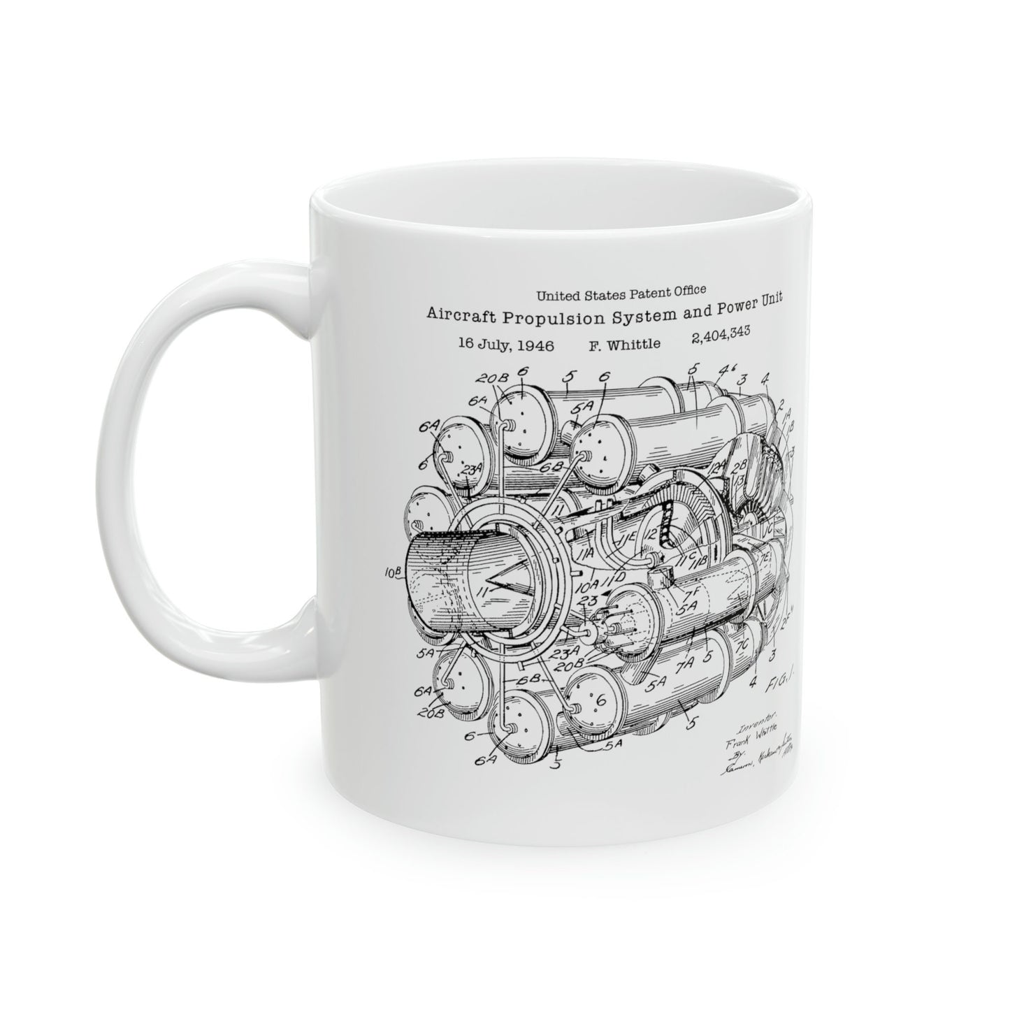Frank Whittle aircraft jet engine design from the US Patent Office. Perfect 11oz mug gift for engineers, aviation pilots mechanics flyers