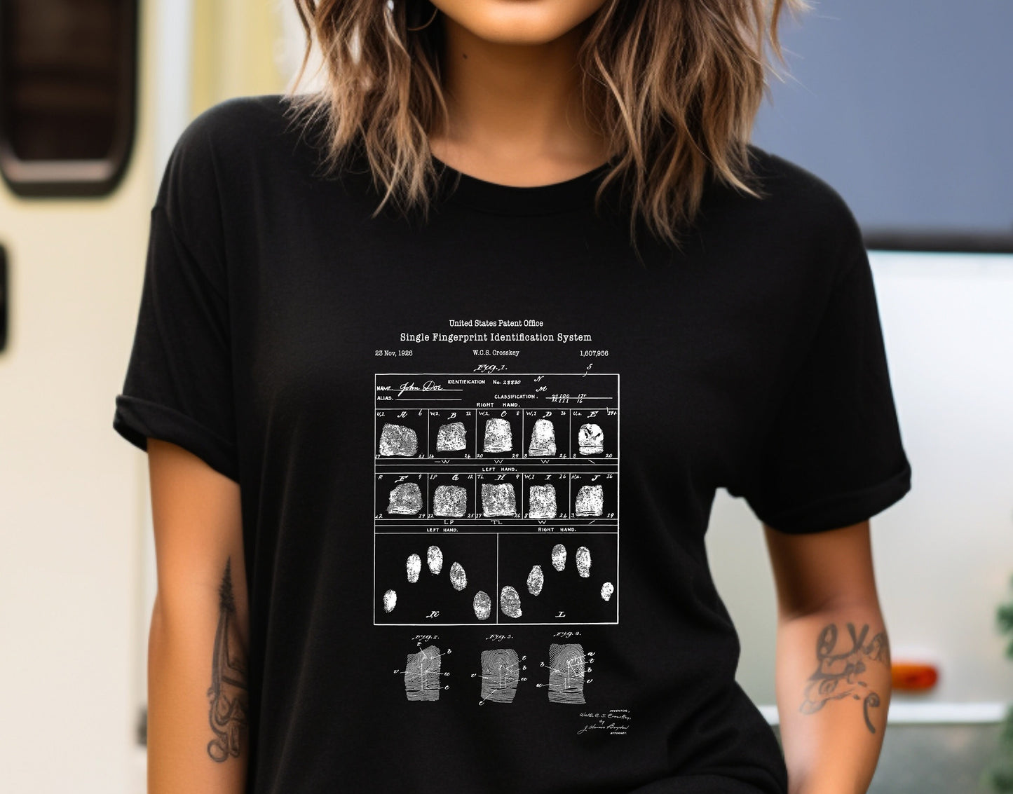 Fingerprinting system patent design on T-shirt. Vintage drawings from US Patent Office illustration for a unique T Shirt design