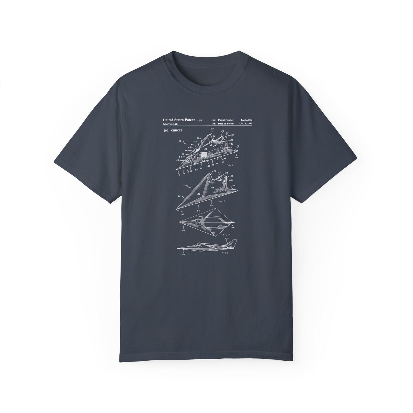 a navy blue t - shirt with a drawing of a plane