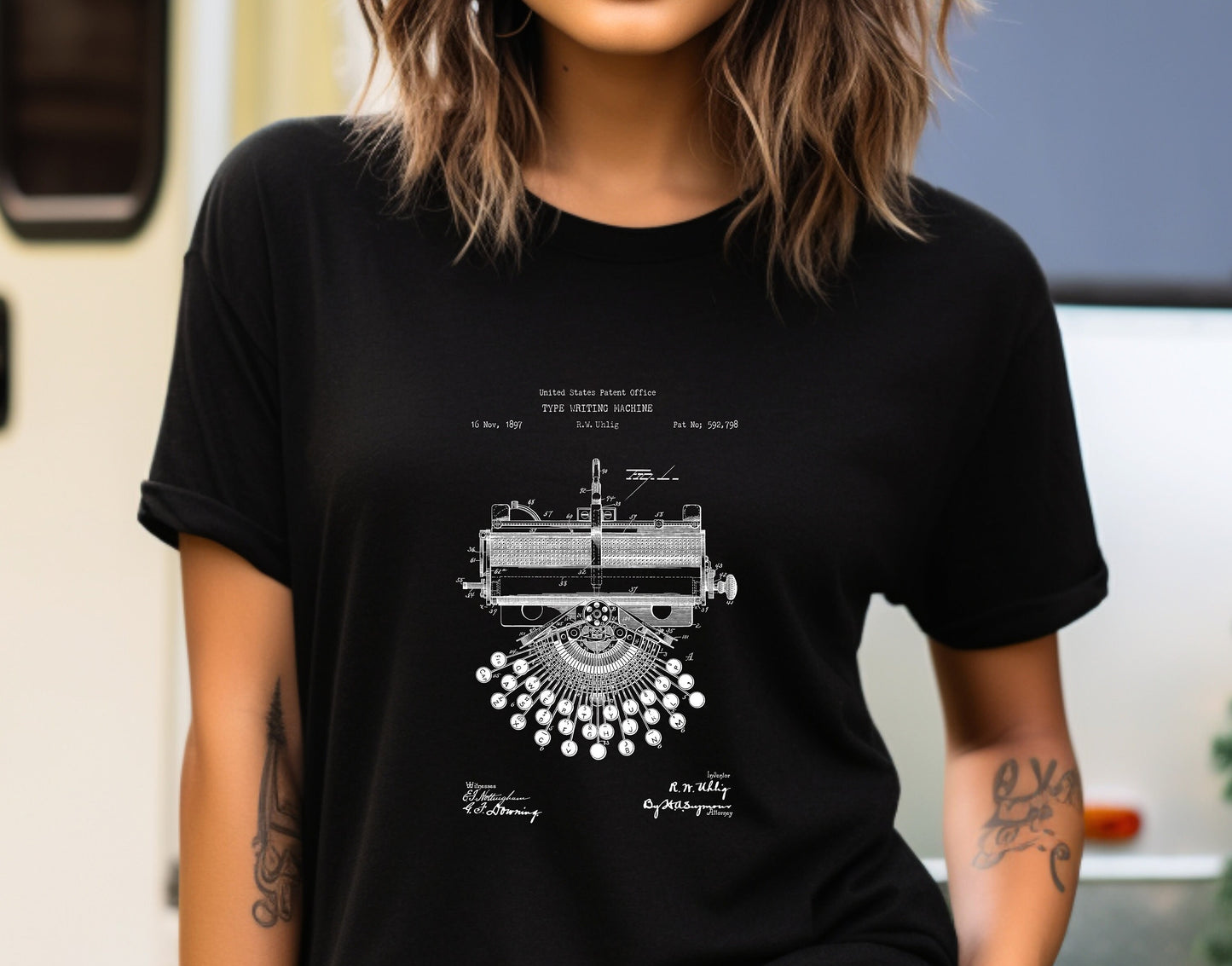 Typewriter design t shirt from the US Patent Office . Perfect gift for office workers, secretaries, writers, authors, journalists,