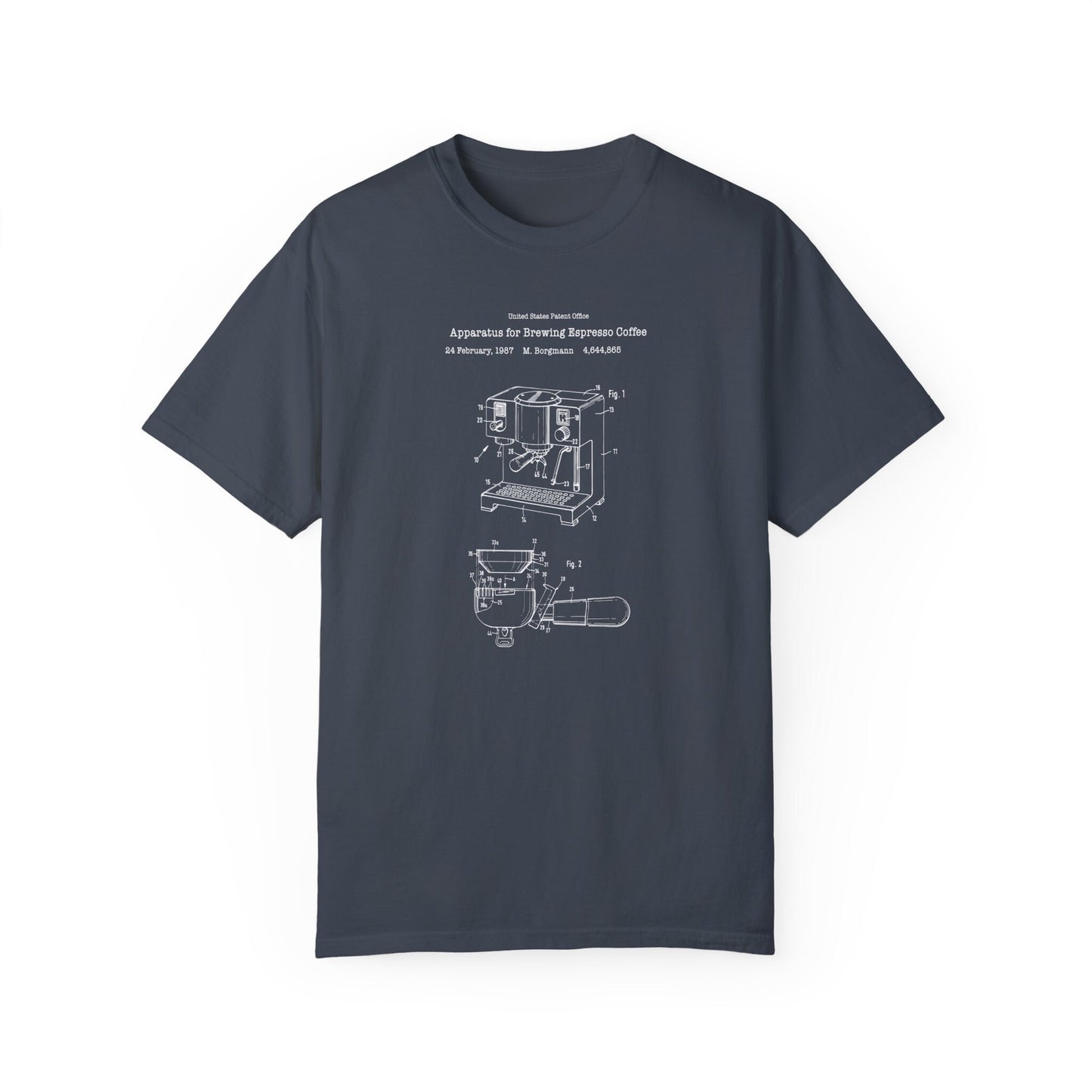 a gray t - shirt with a drawing of a coffee machine