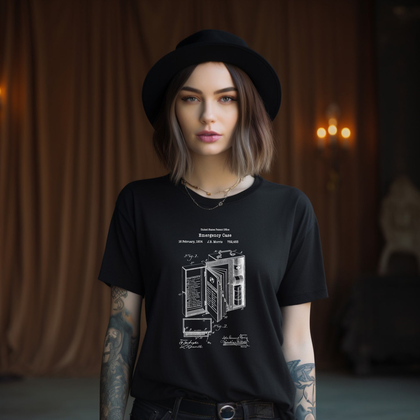 a woman wearing a black shirt with a drawing of a refrigerator