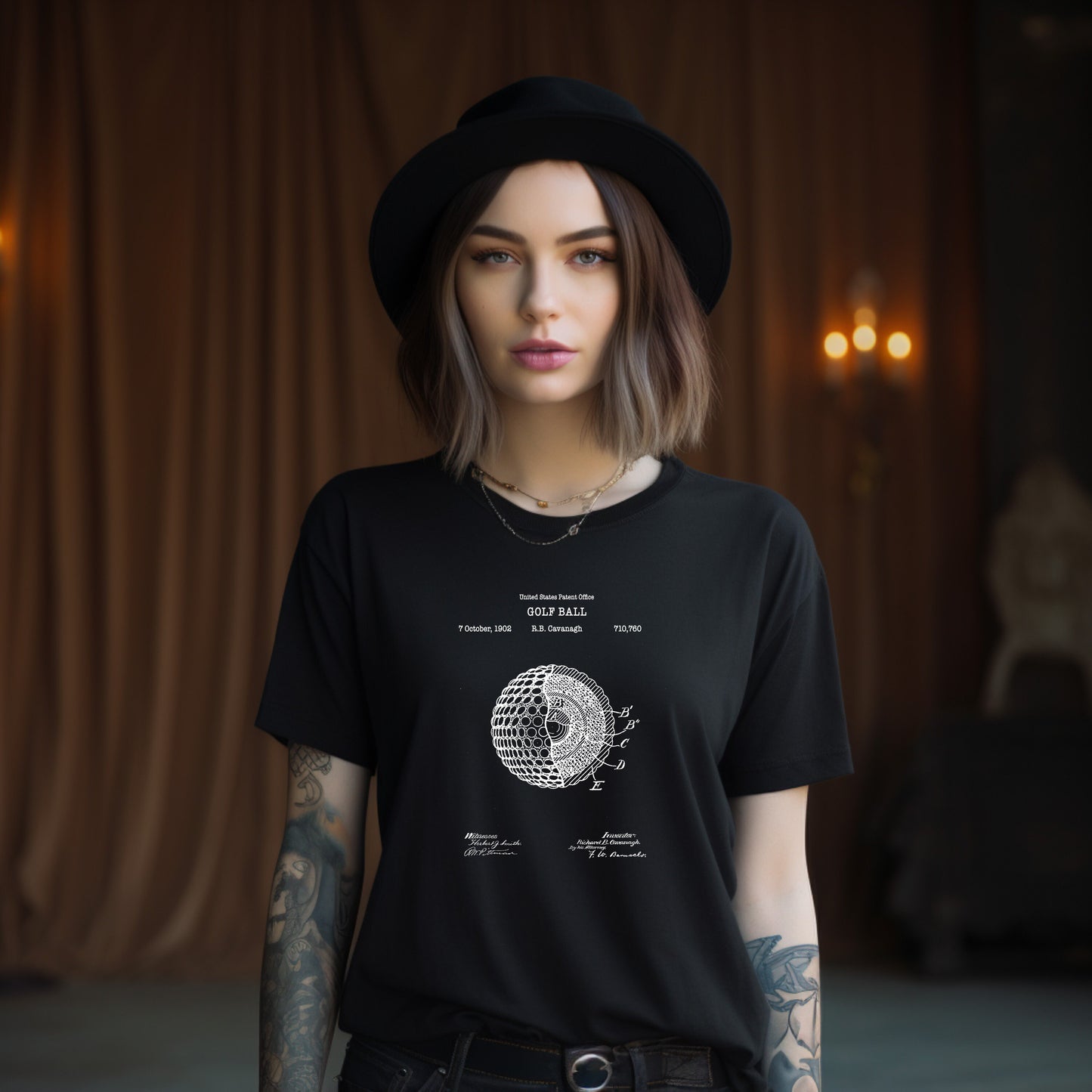 a woman wearing a black hat and a black t - shirt