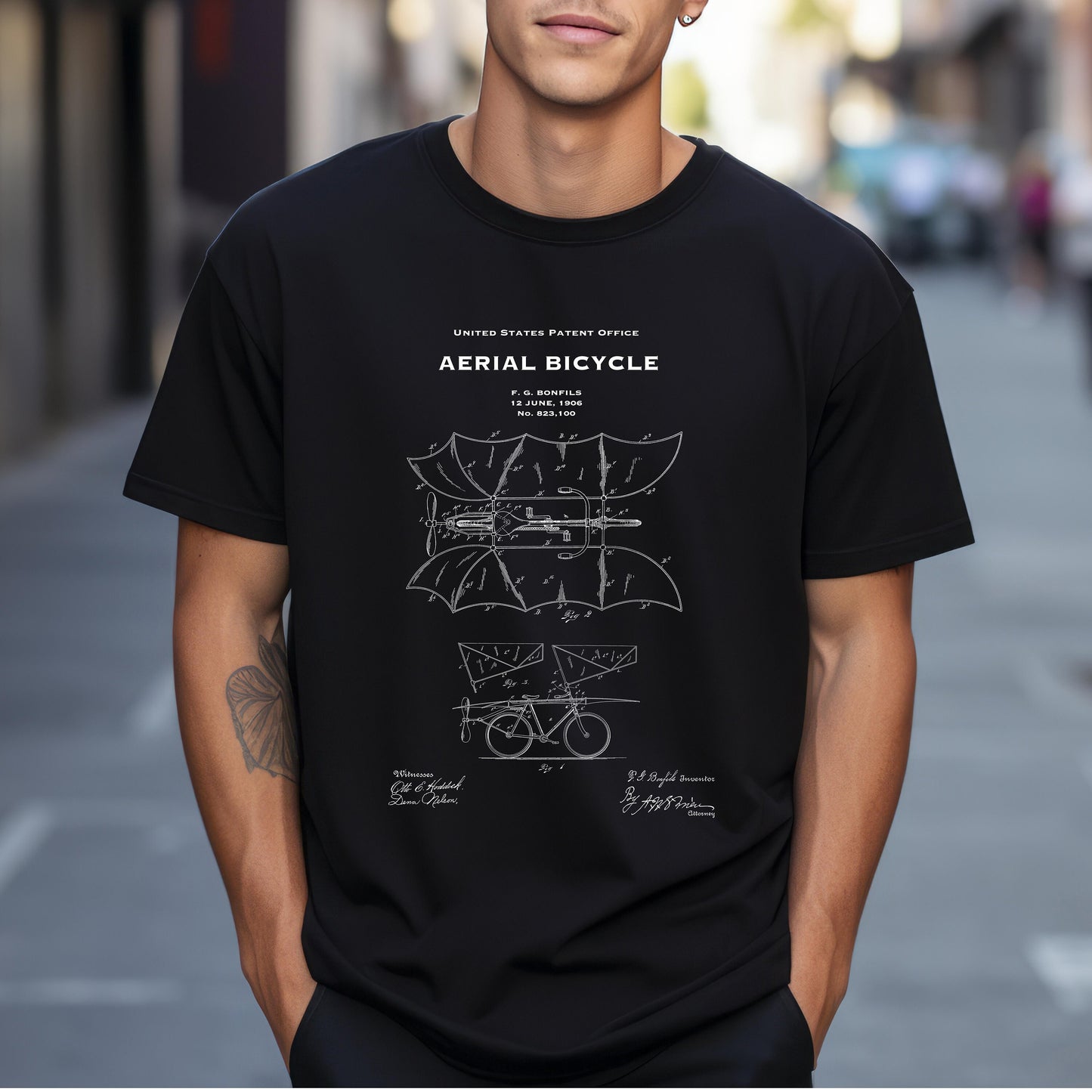 T shirt with US patent design from 1906 for a quirky vintage steampunk style aerial bicycle. A quality T shirt as gift for cyclists, cycling