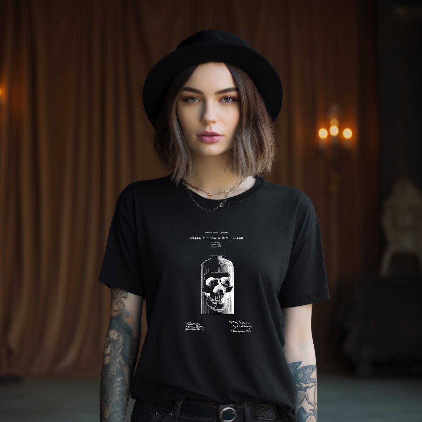 a woman wearing a black shirt with a skull on it