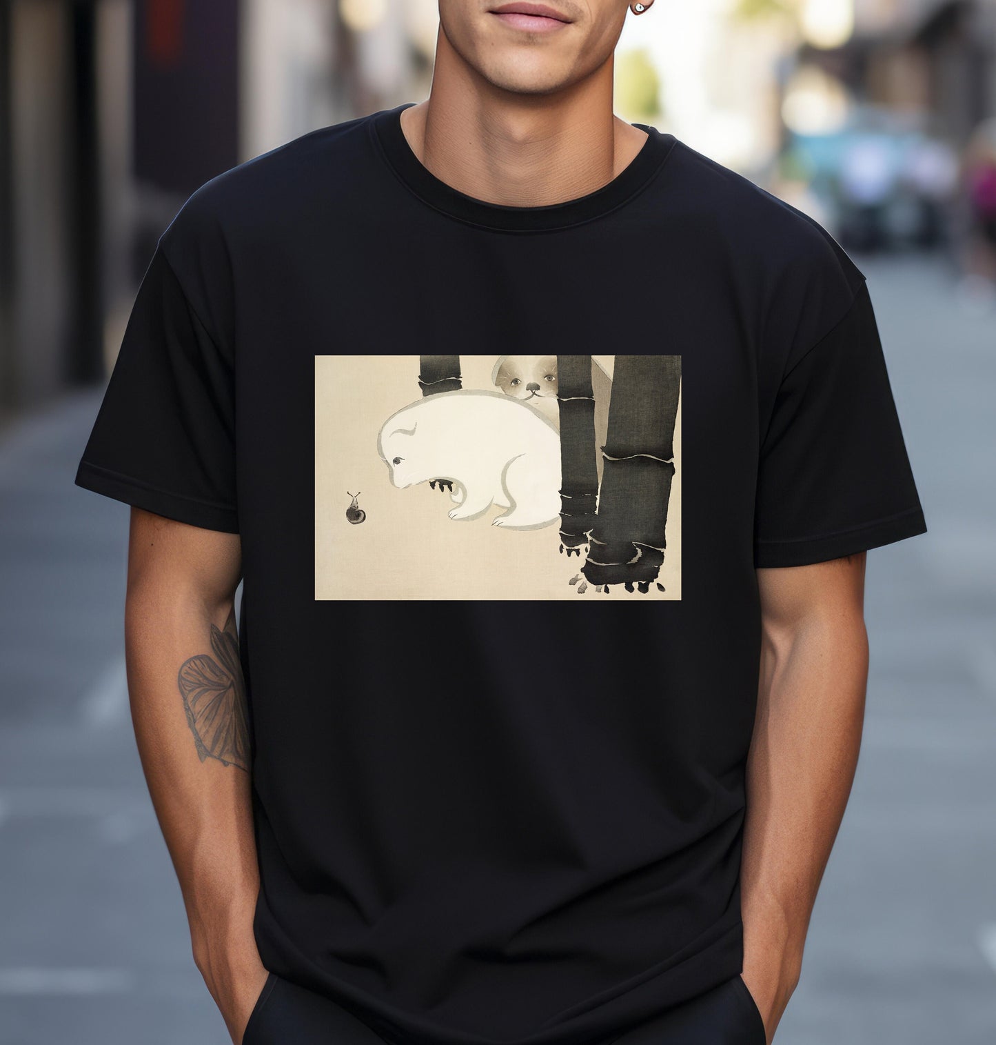 Kamisaka Sekka artist; Dog and snail from Momoyogusa Flowers of a Hundred Generations T shirt from famous Japanese woodblock print