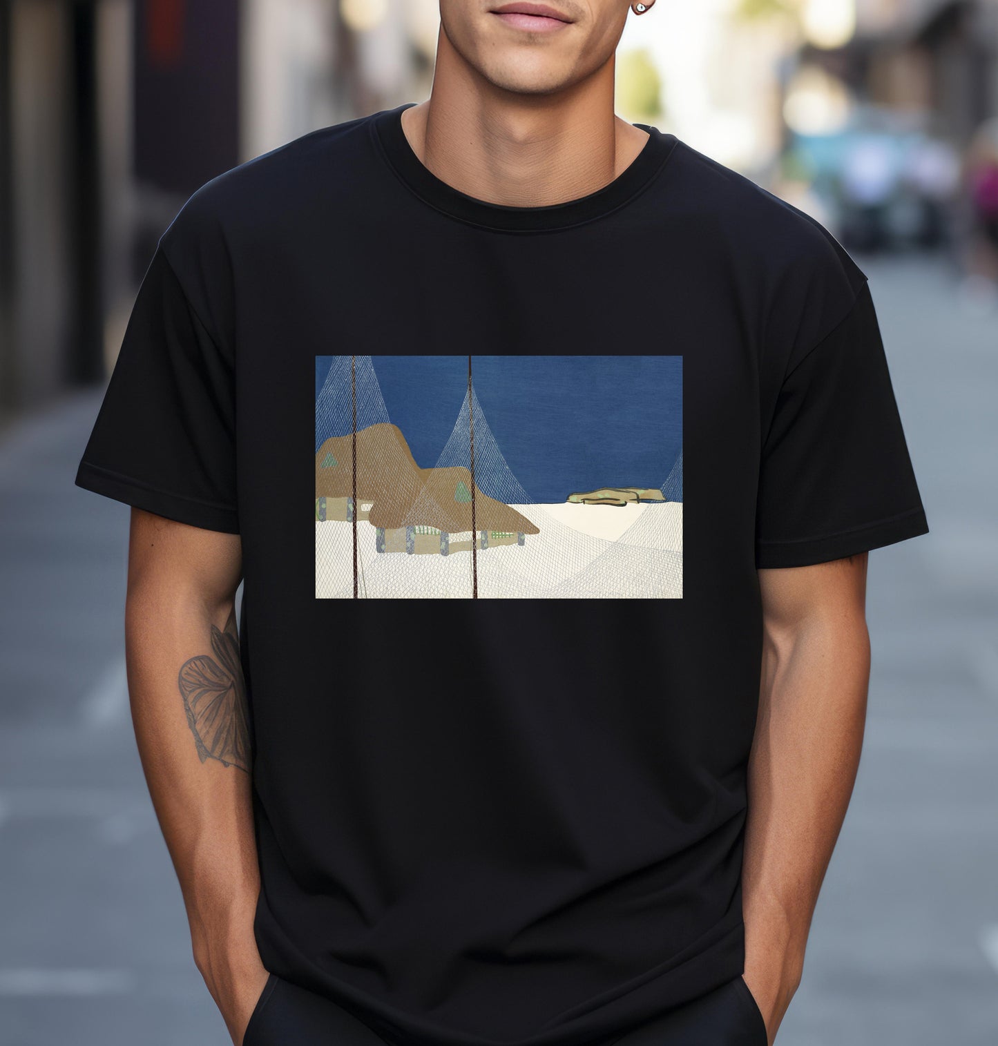 Kamisaka Sekka artist; Fishing village from Momoyogusa Flowers of a Hundred Generations T shirt from famous Japanese woodblock print