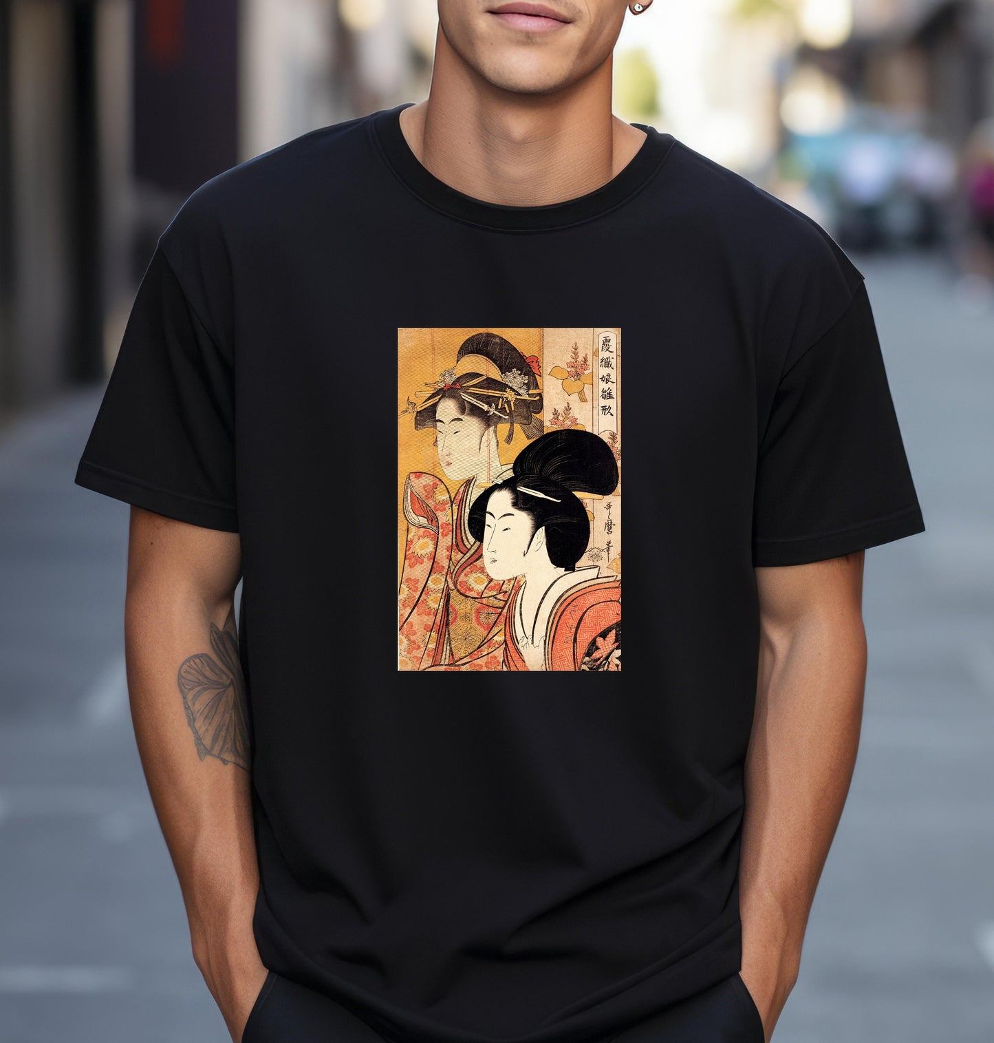 Two Beauties with Bamboo by Kitagawa Utamaro Famous Japanese woodblock print T shirt