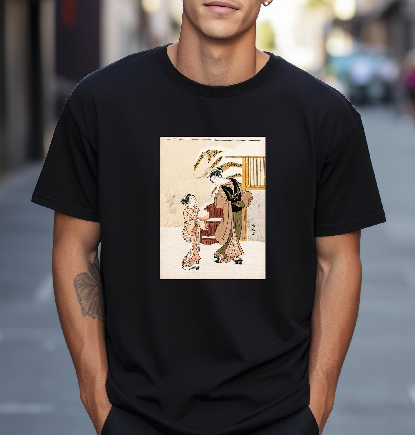 Young Woman Admiring a Snow Rabbit by Suzuki Harunobu T shirt from famous Japanese woodblock print