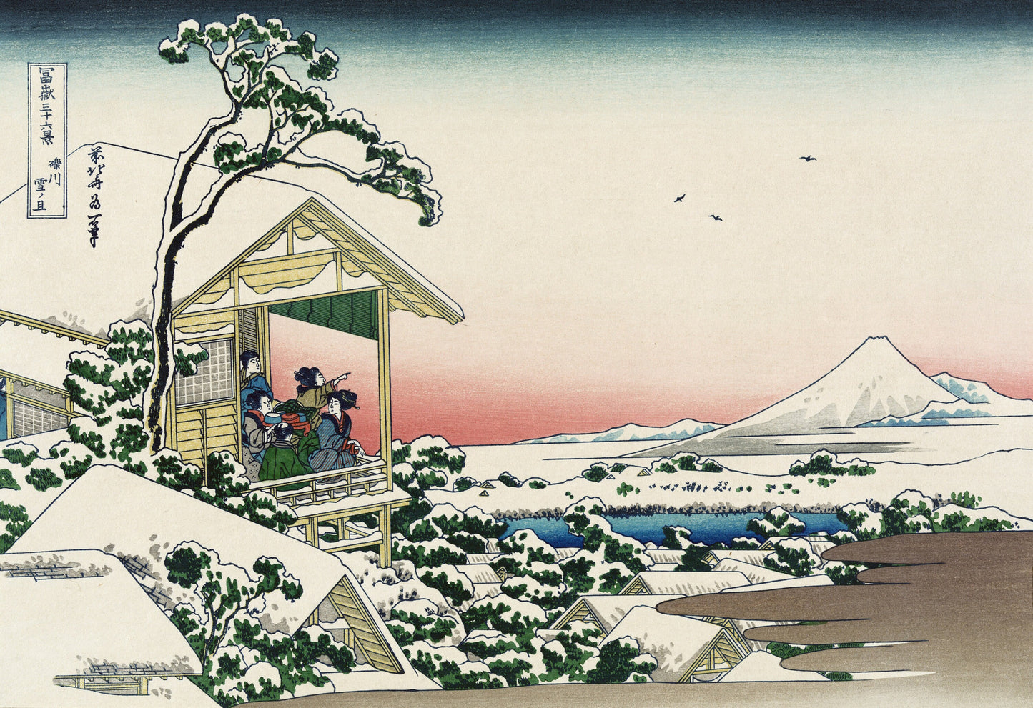 a painting of people on a balcony in the snow