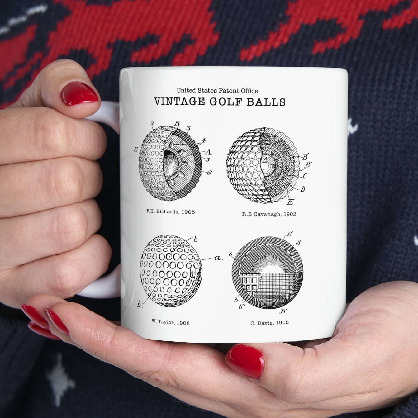 Several vintage golf ball patents from the early 20th century from the US Patent Office. An 11oz mug perfect as gift for any golfer