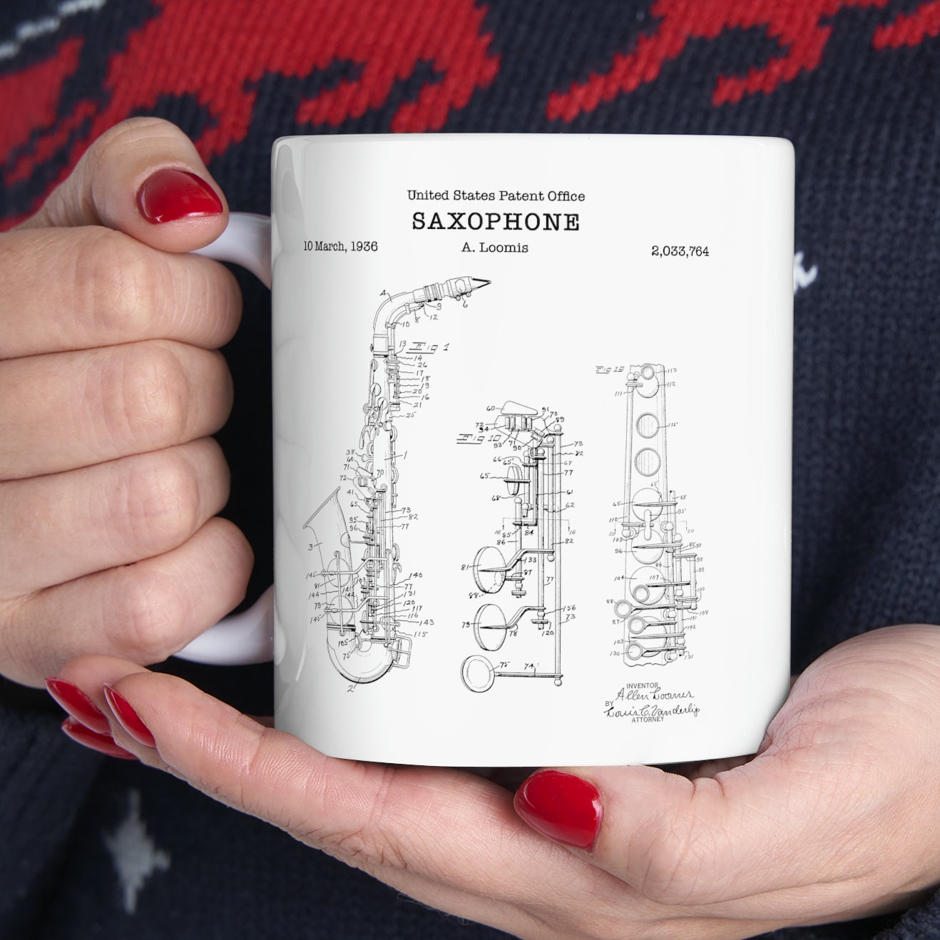 Saxophone patent from 1936 from the US Patent Office. An 11oz mug perfect as gift for a music lover or saxophone player