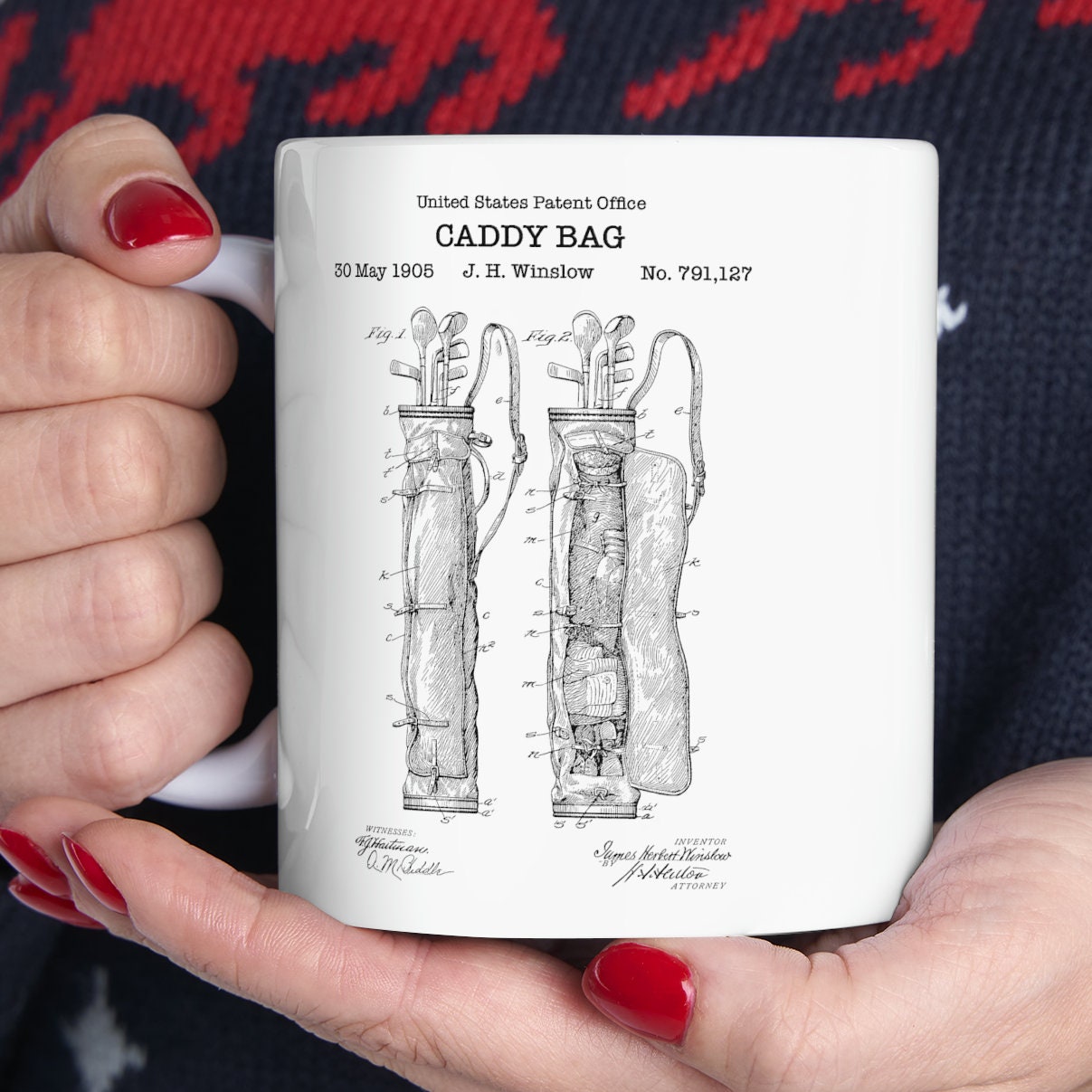 Golf caddy bag Patent Mug from 1905 from the US Patent Office. An 11oz mug perfect as gift for any golfer or golf enthusiast.