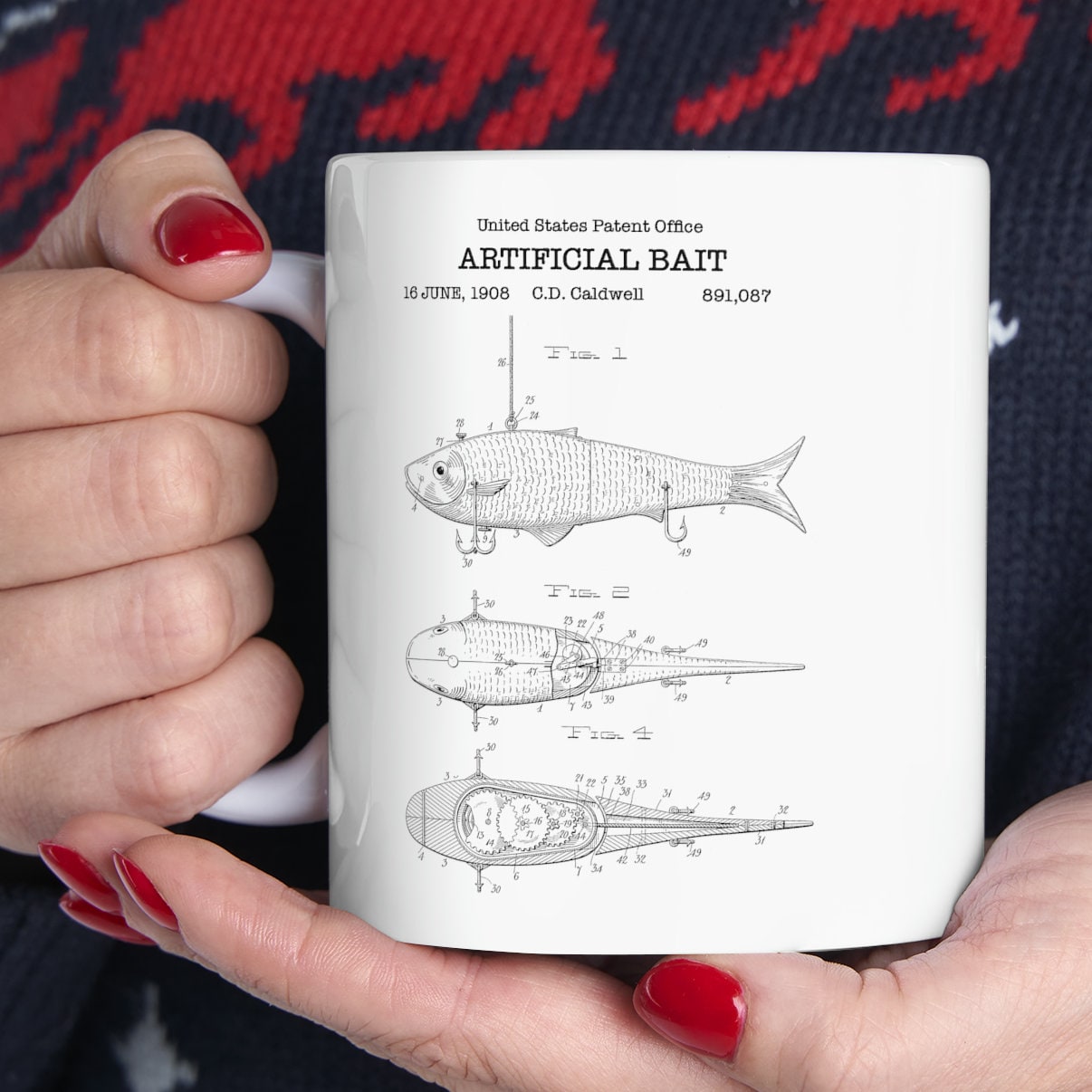 Artificial bait patent from 1908 from the US Patent Office. An 11oz mug perfect as gift for any fishing or angling enthusiast.
