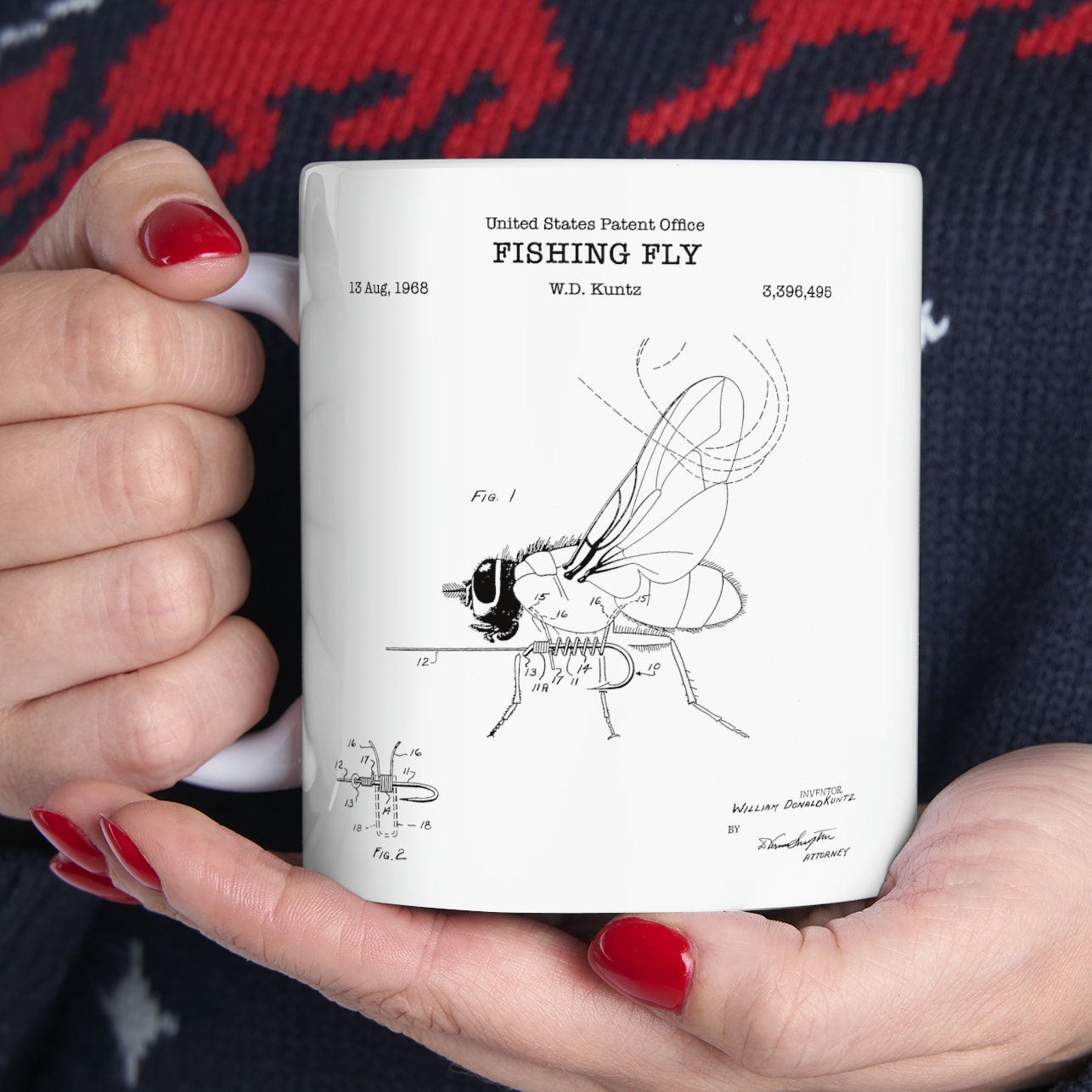 Fishing Fly patent from 1968 from the US Patent Office. An 11oz mug perfect as gift for any fishing or angling enthusiast.