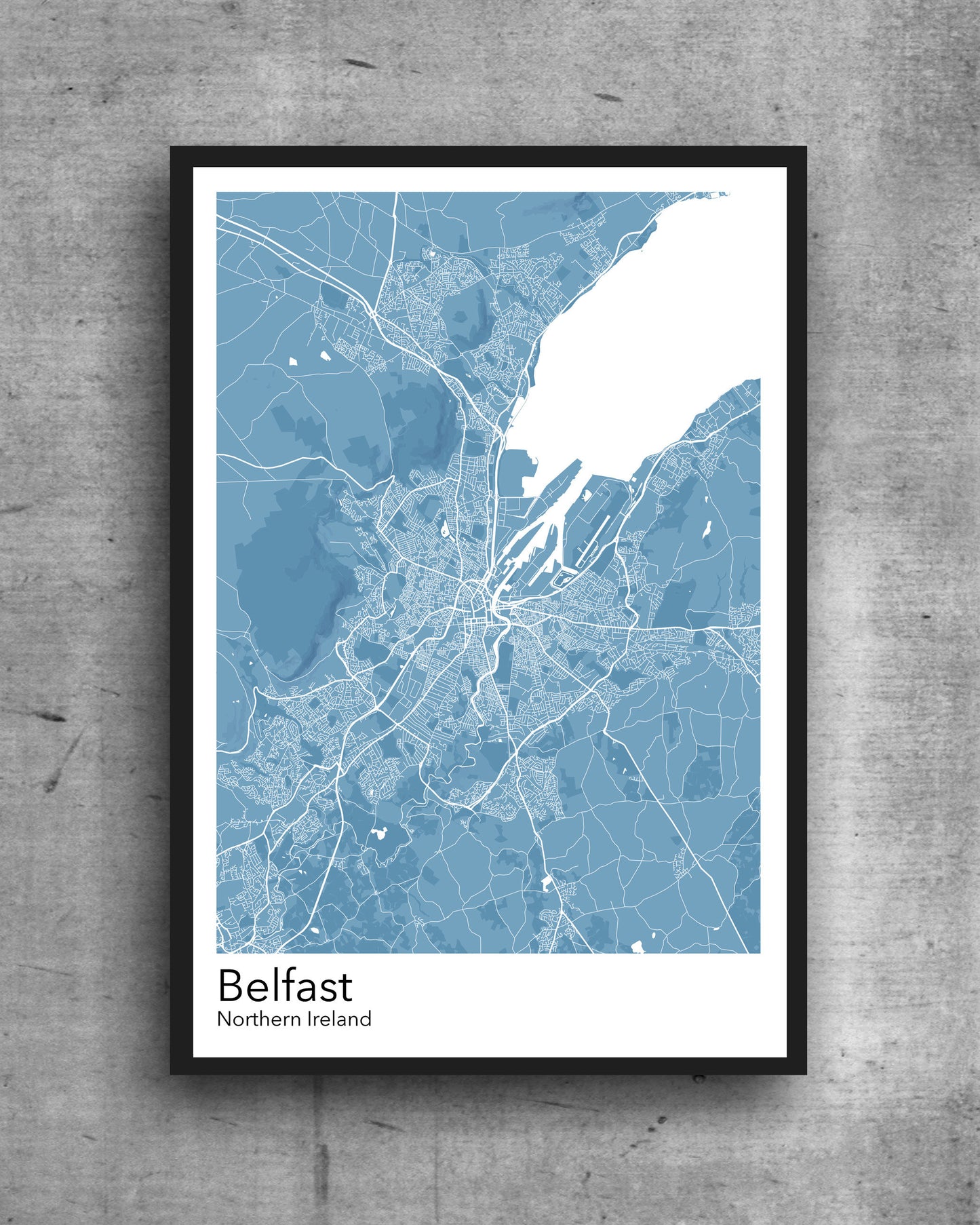 Belfast modern minimalist map print poster. Quality colourful poster of Northern Ireland on quality art paper