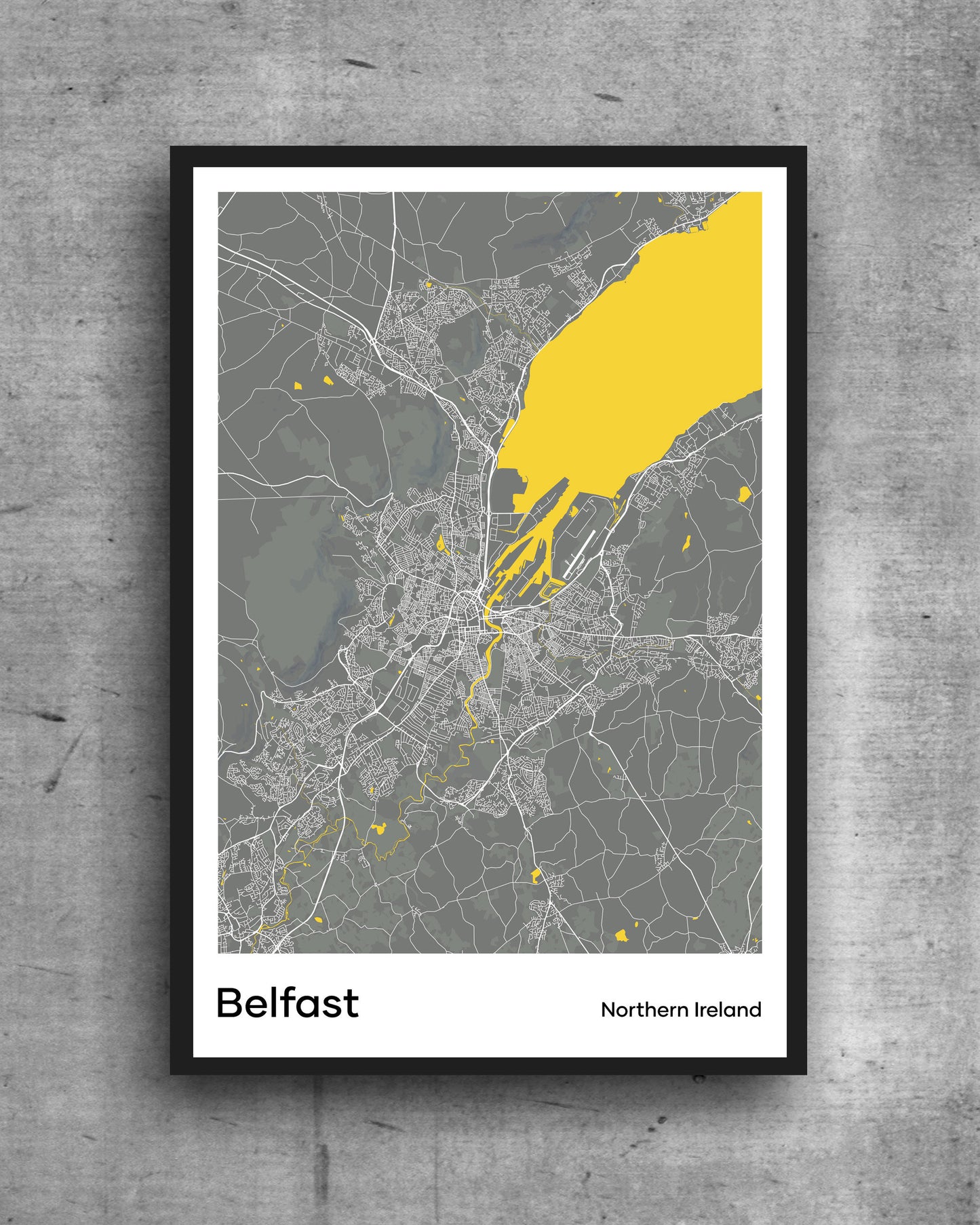 Belfast modern minimalist map print poster. Quality colourful poster of Northern Ireland on quality art paper