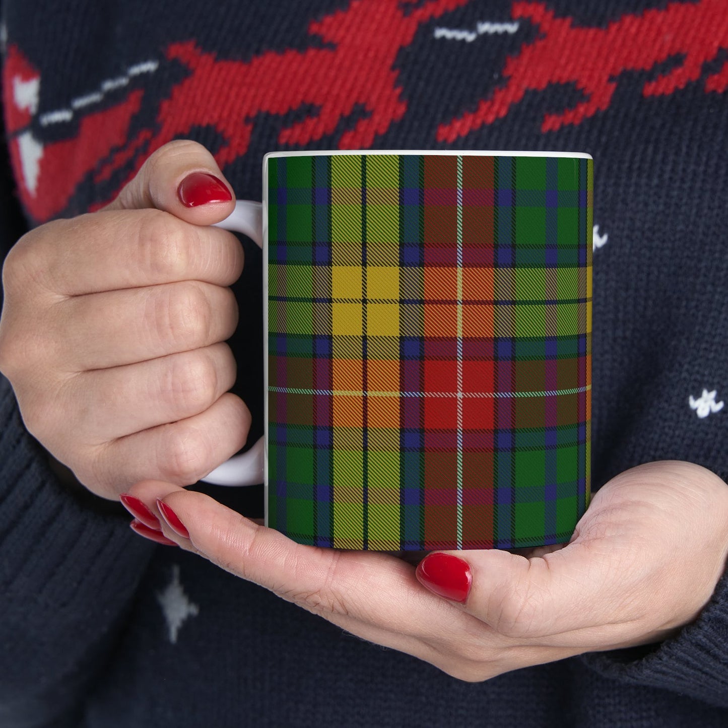 Buchanan mug. The elegant and colourful tartan on this mug is taken from the Scottish Register of Tartans based in Scotland.