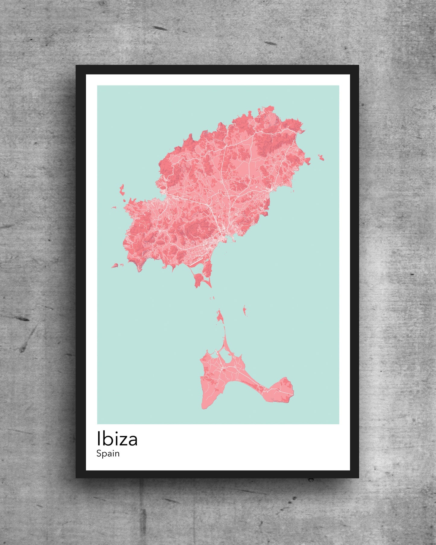 Ibiza modern minimalist map print poster. Quality colourful poster of Ibiza island in Spain on quality art paper