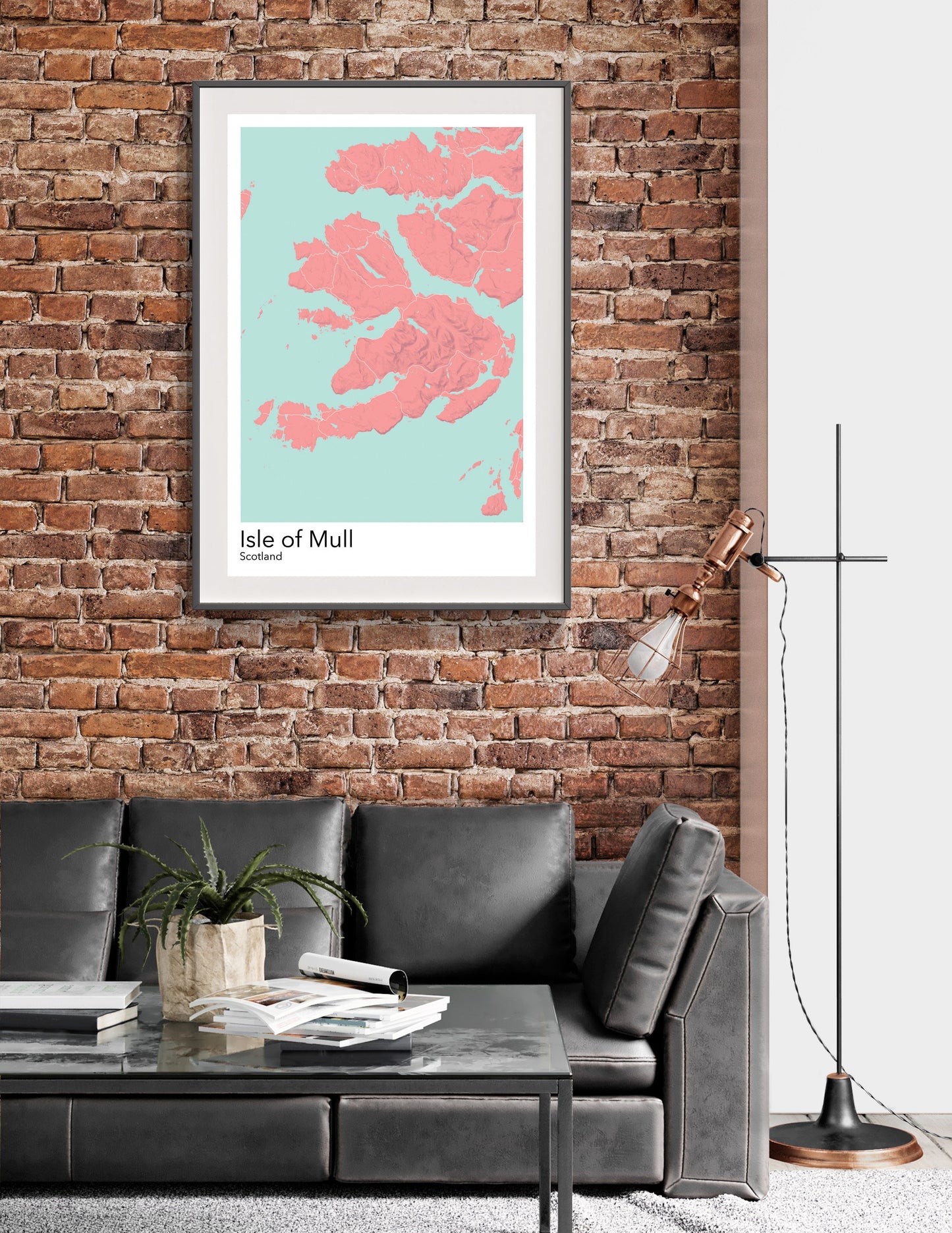 a living room with a couch and a brick wall