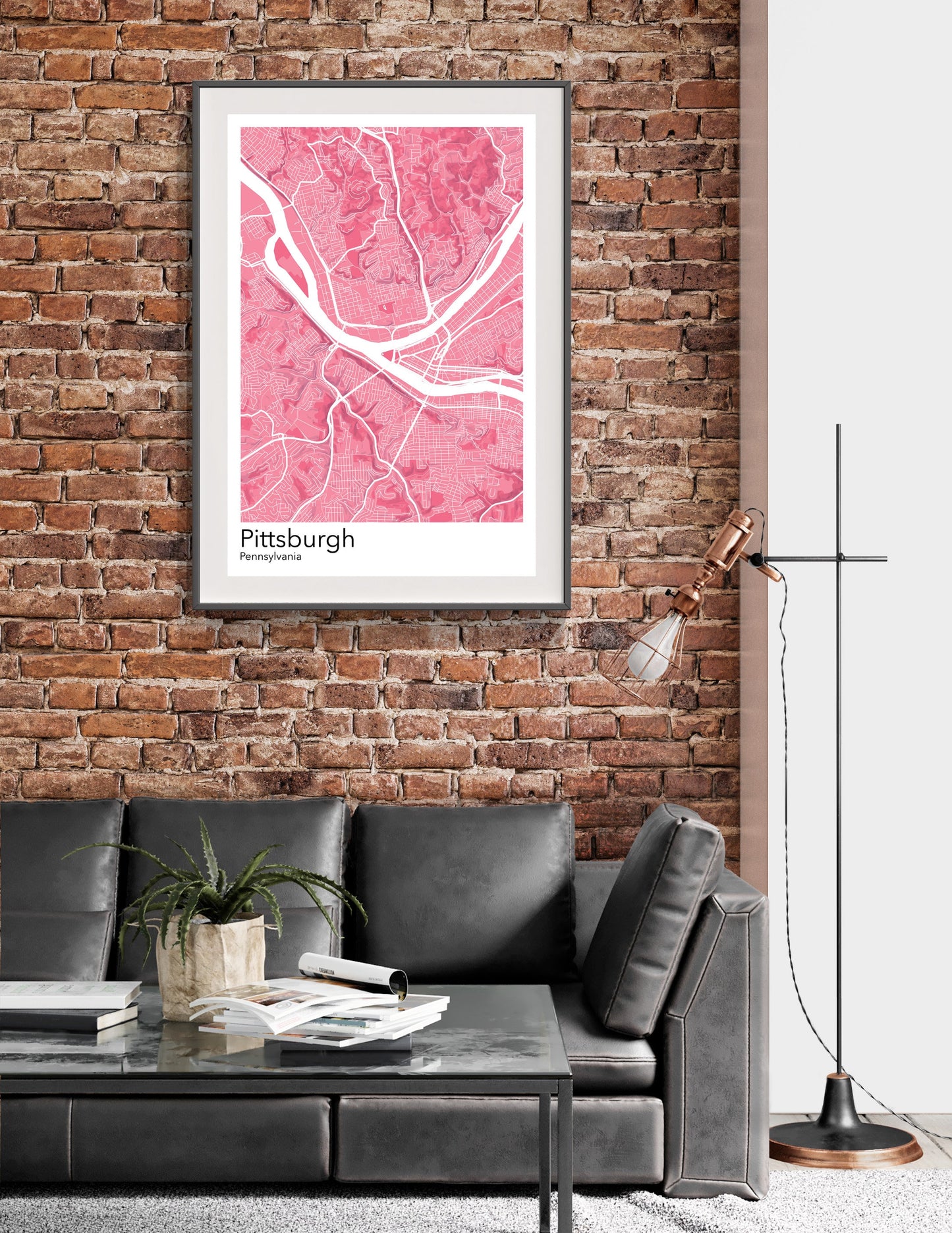 a living room with a couch and a brick wall