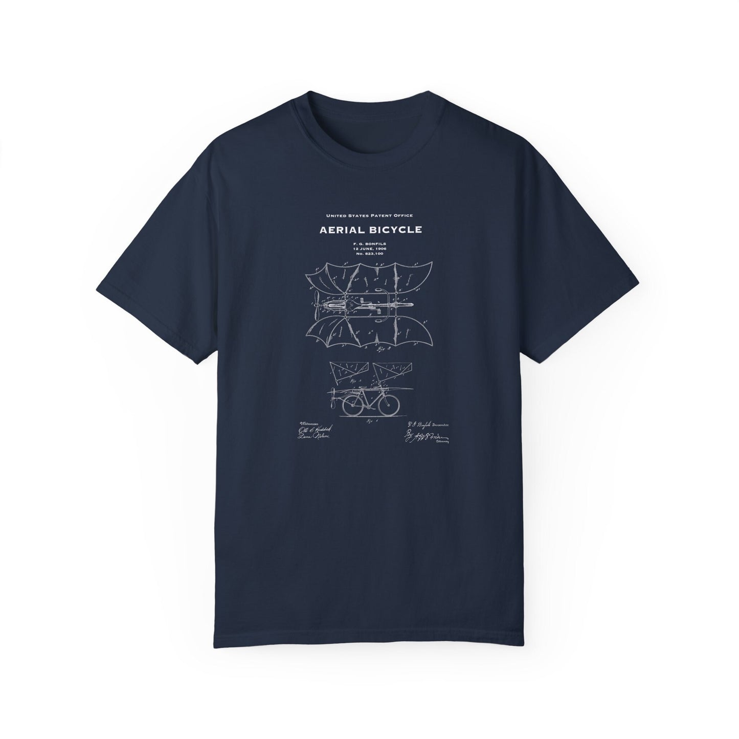 T shirt with US patent design from 1906 for a quirky vintage steampunk style aerial bicycle. A quality T shirt as gift for cyclists, cycling